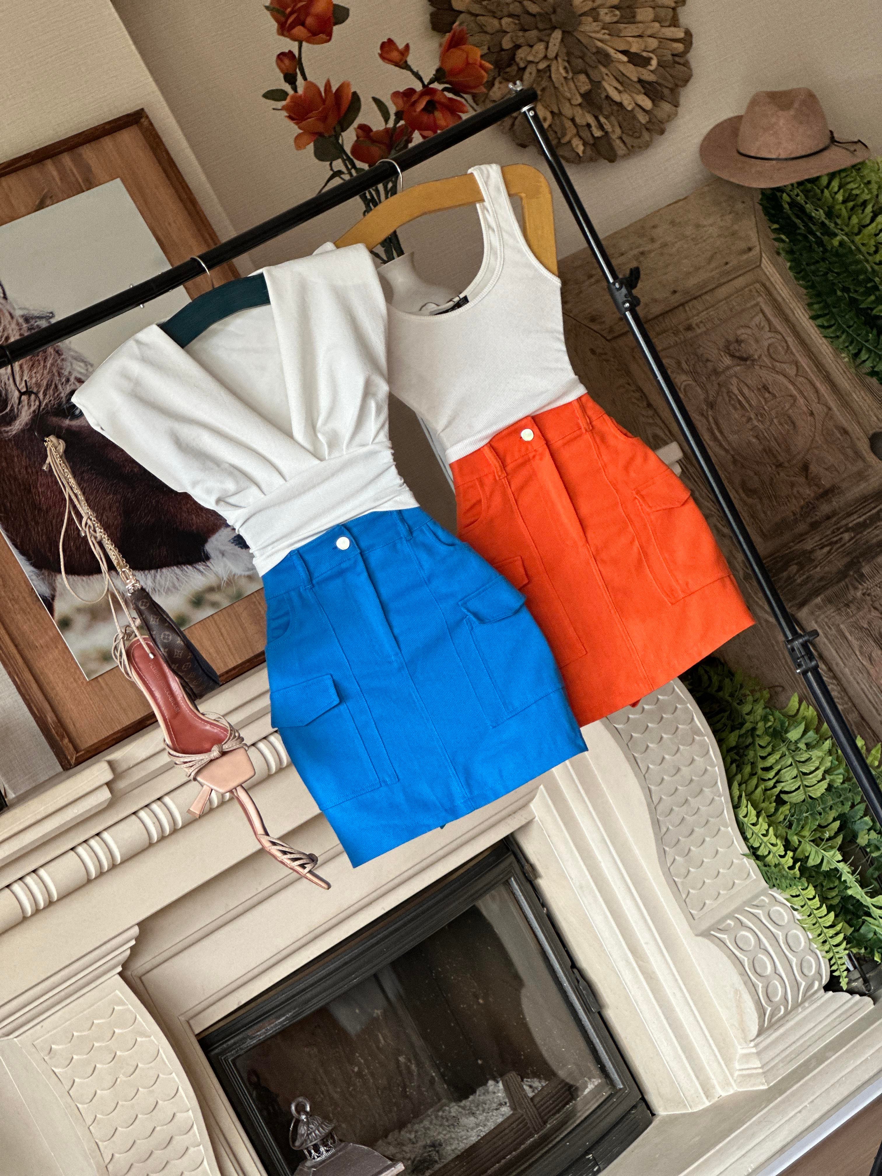 Gabardin Kumaş Kargo Cepli Mini Etek 