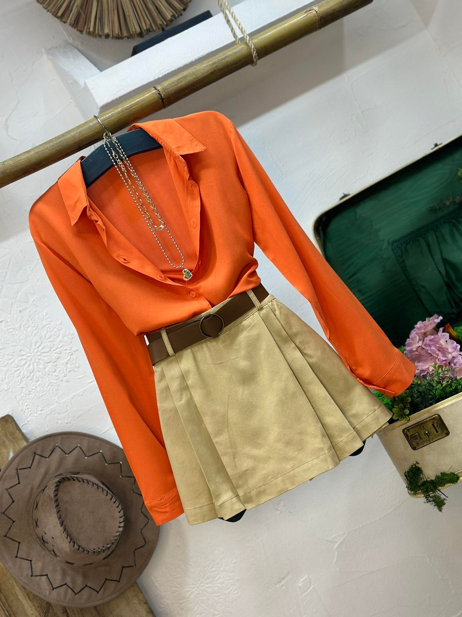 Gabardin Kumaş Kemerli Pileli Şort Etek