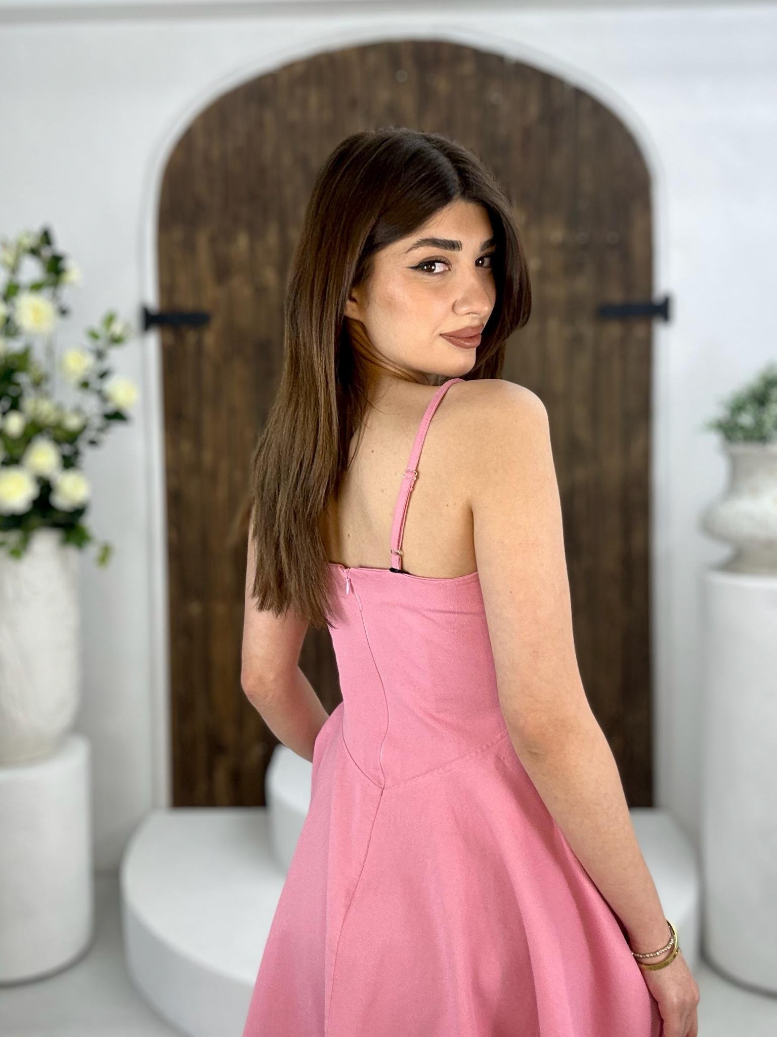 Gabardin Kumaş Kuşgözü Detay Kloş Mini Elbisemiz Pembe