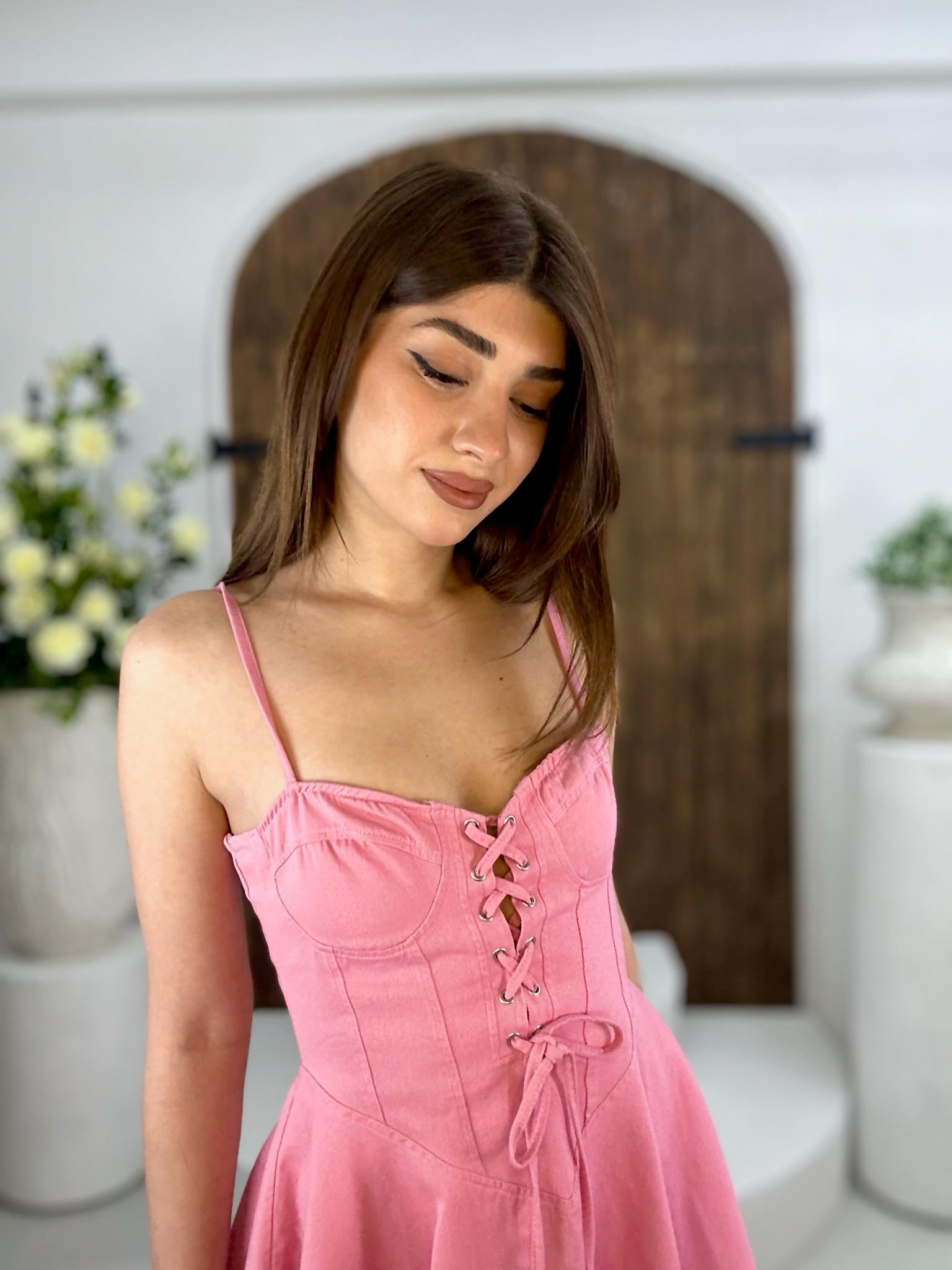 Gabardin Kumaş Kuşgözü Detay Kloş Mini Elbisemiz Pembe