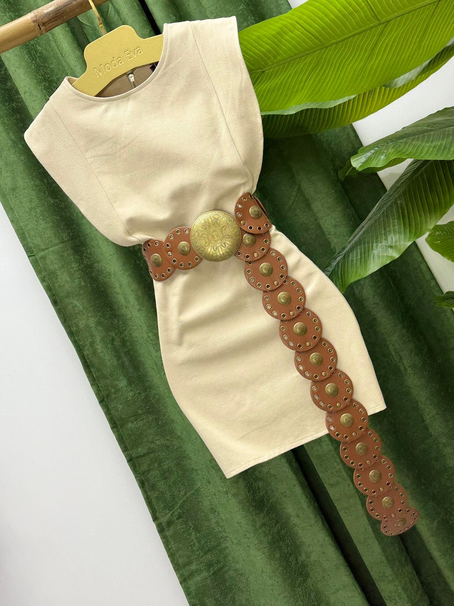 Gabardin Kumaş Sırt Fermuarlı Kol Detay Elbise Bej