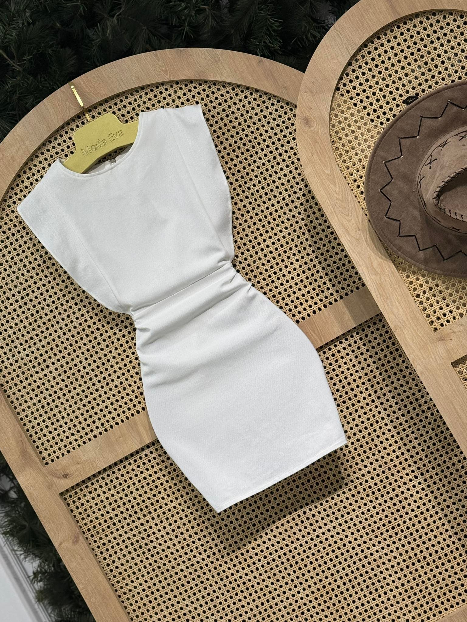 Gabardin Kumaş Sırt Fermuarlı Kol Detay Elbise Krem