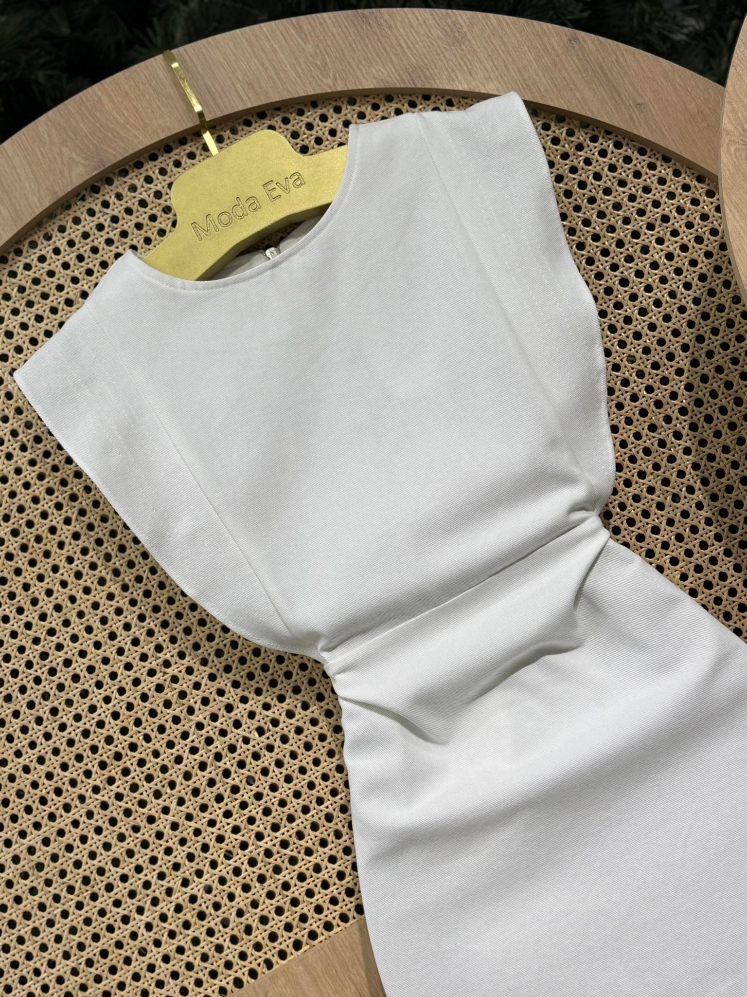 Gabardin Kumaş Sırt Fermuarlı Kol Detay Elbise Krem