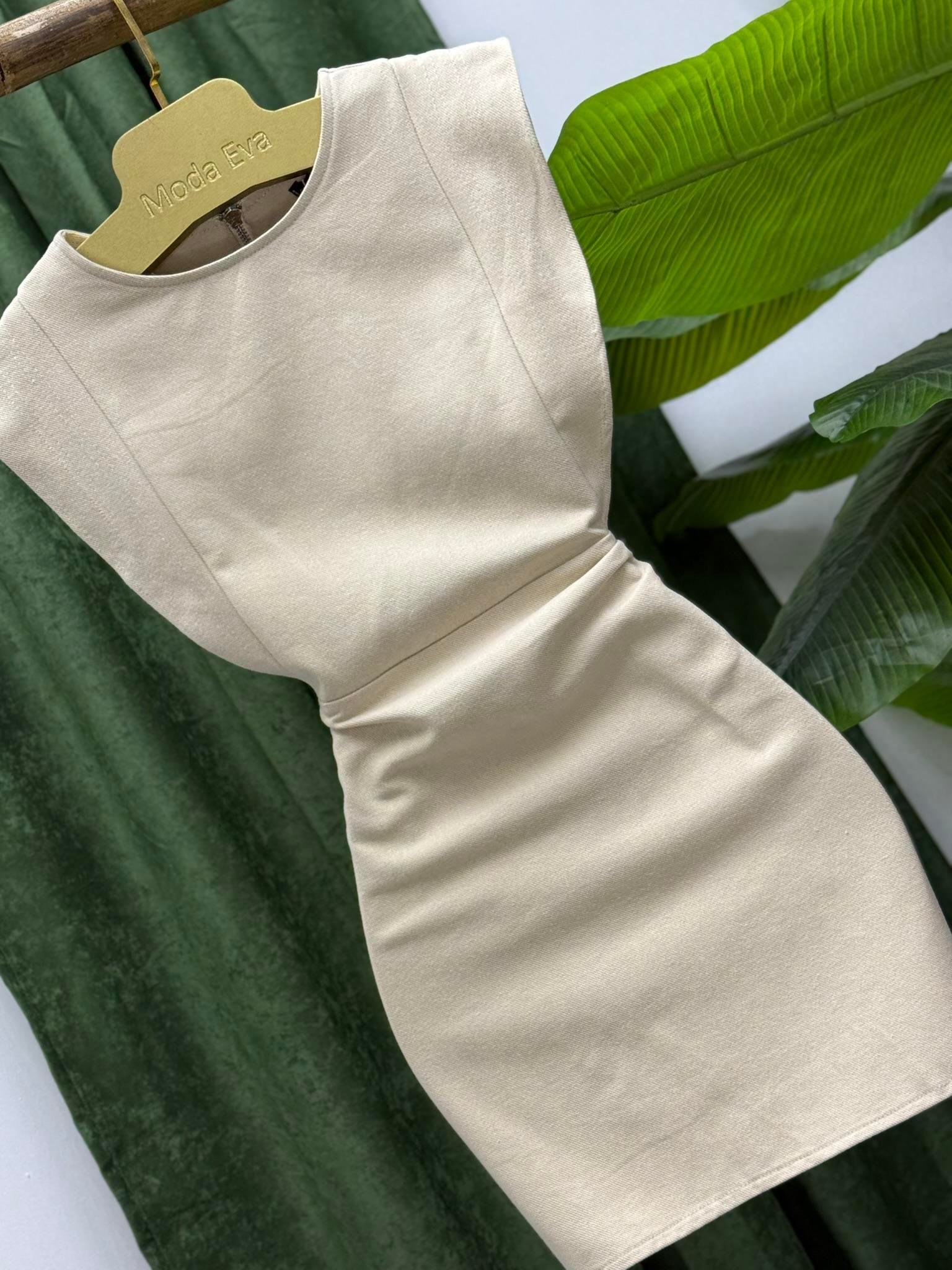 Gabardin Kumaş Sırt Fermuarlı Kol Detay Elbise Bej