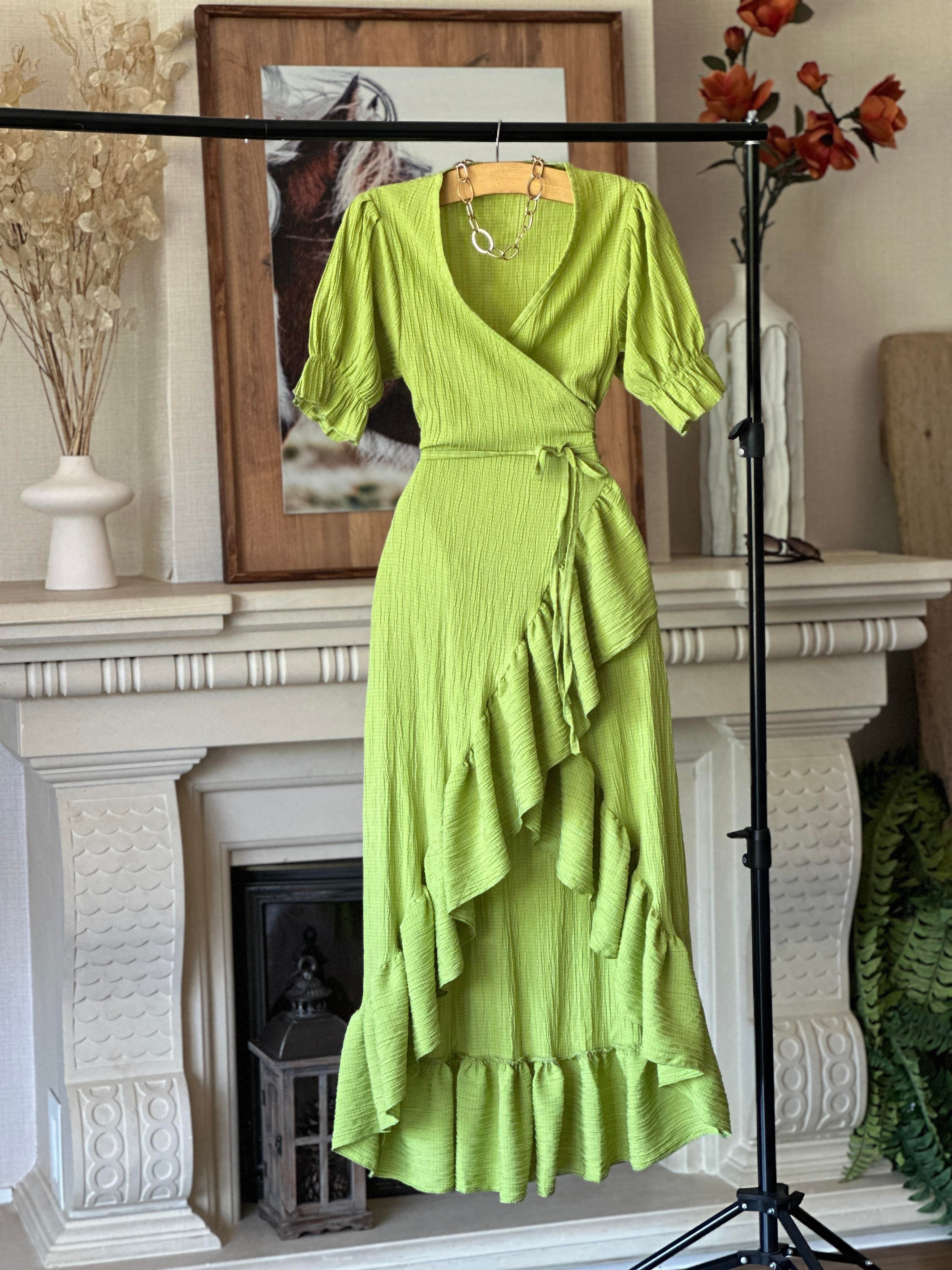 Gofre Kumaş Eteği Volanlı Anvalop Elbise