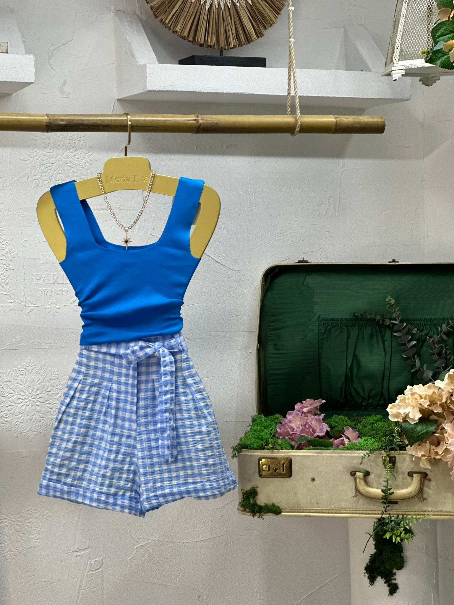 Gofre Kumaş Piti Kare Desen Kuşaklı Şort 