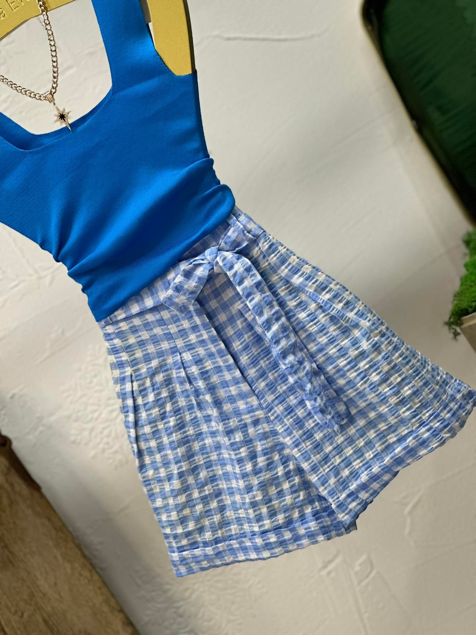 Gofre Kumaş Piti Kare Desen Kuşaklı Şort 