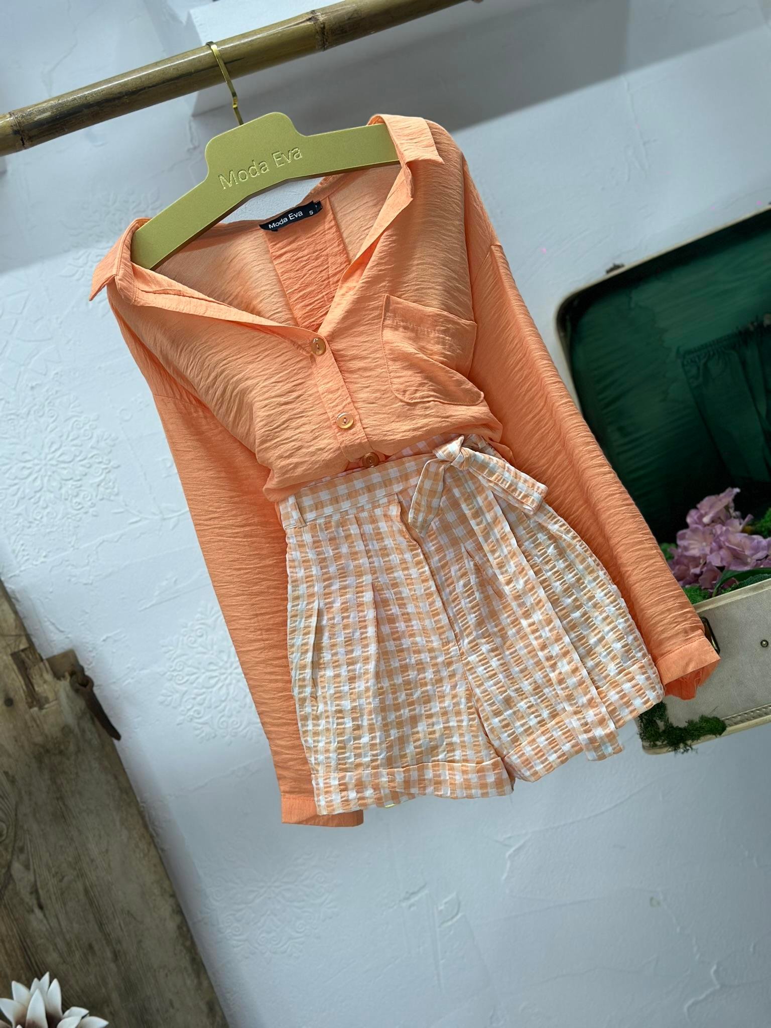 Gofre Kumaş Piti Kare Desen Kuşaklı Şort 