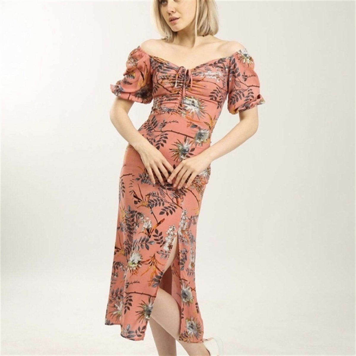 GÖĞÜS BÜZGÜLÜ VİSKON ELBİSE 