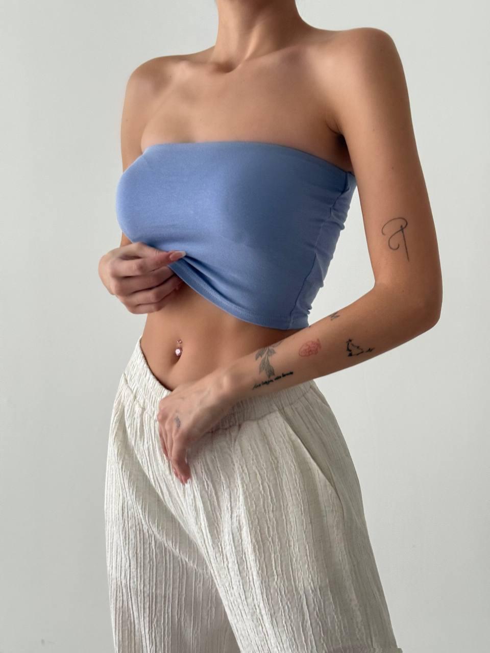 Göğüs Dolgulu Straplez Crop Bebe Mavi