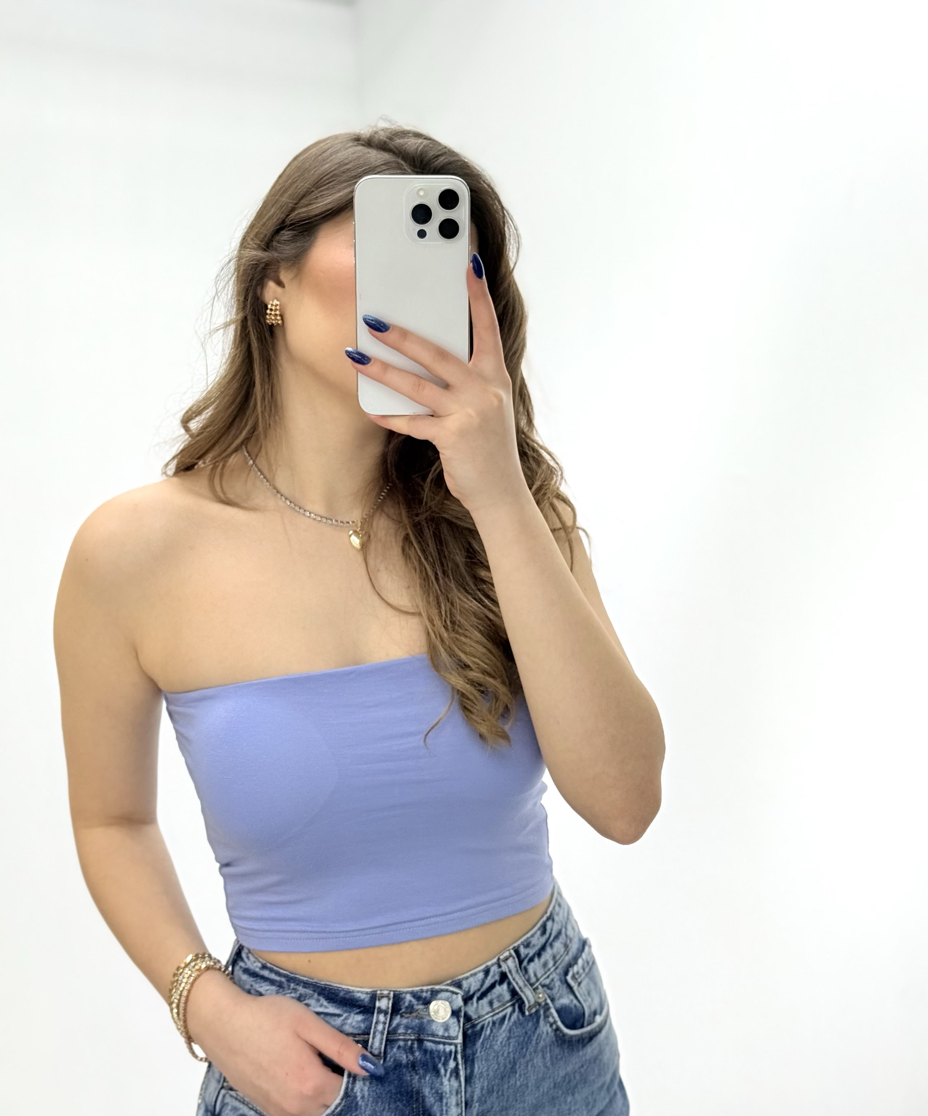 Göğüs Dolgulu Straplez Crop Bebe Mavi