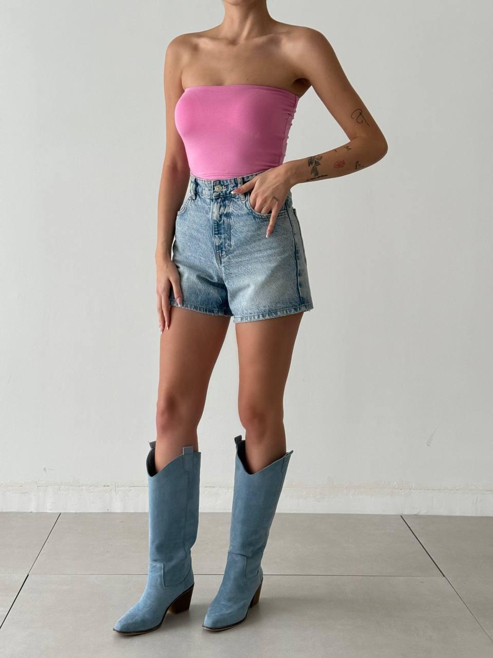 Göğüs Dolgulu Straplez Crop Bebe Pembe