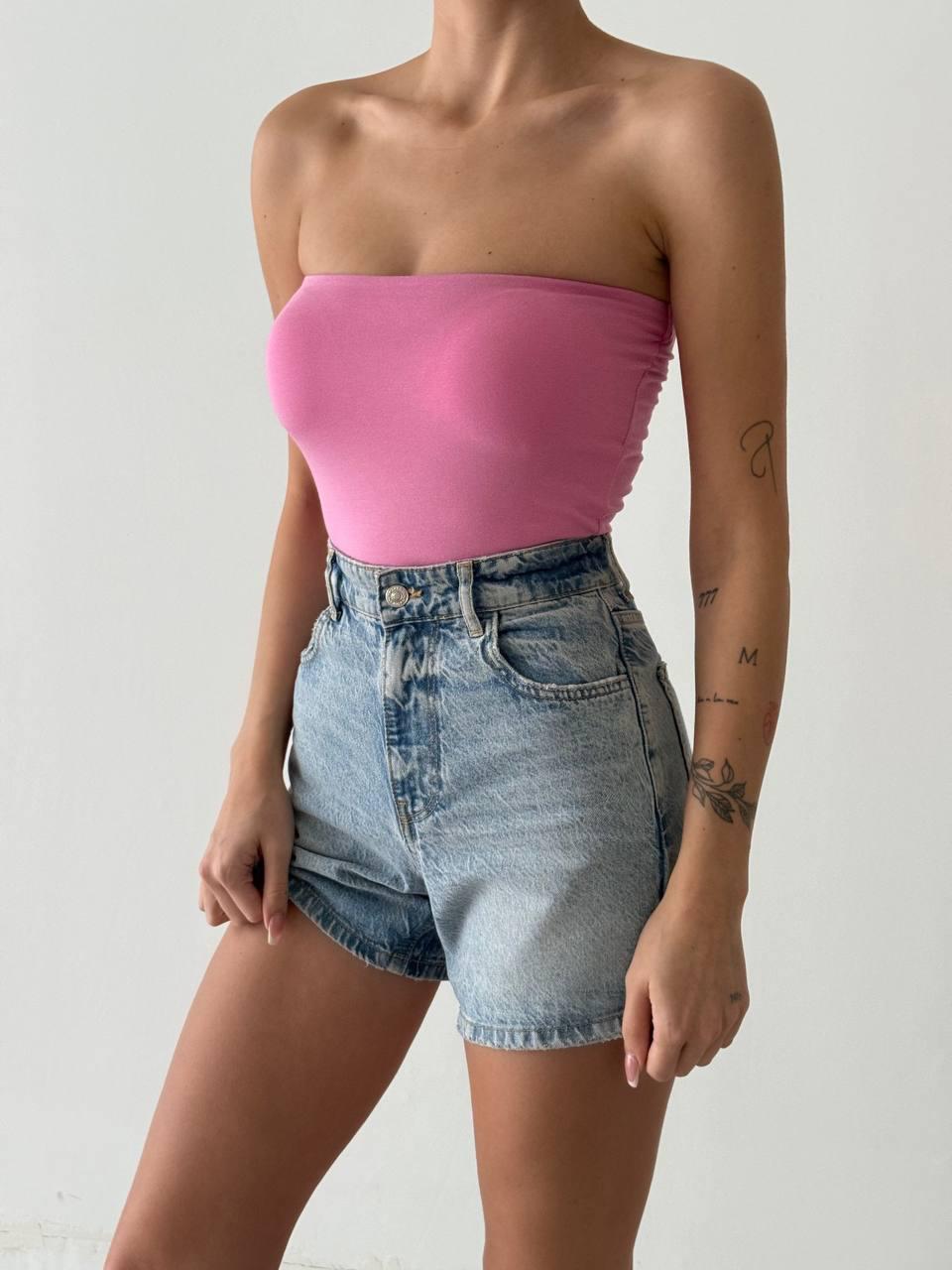 Göğüs Dolgulu Straplez Crop Bebe Pembe