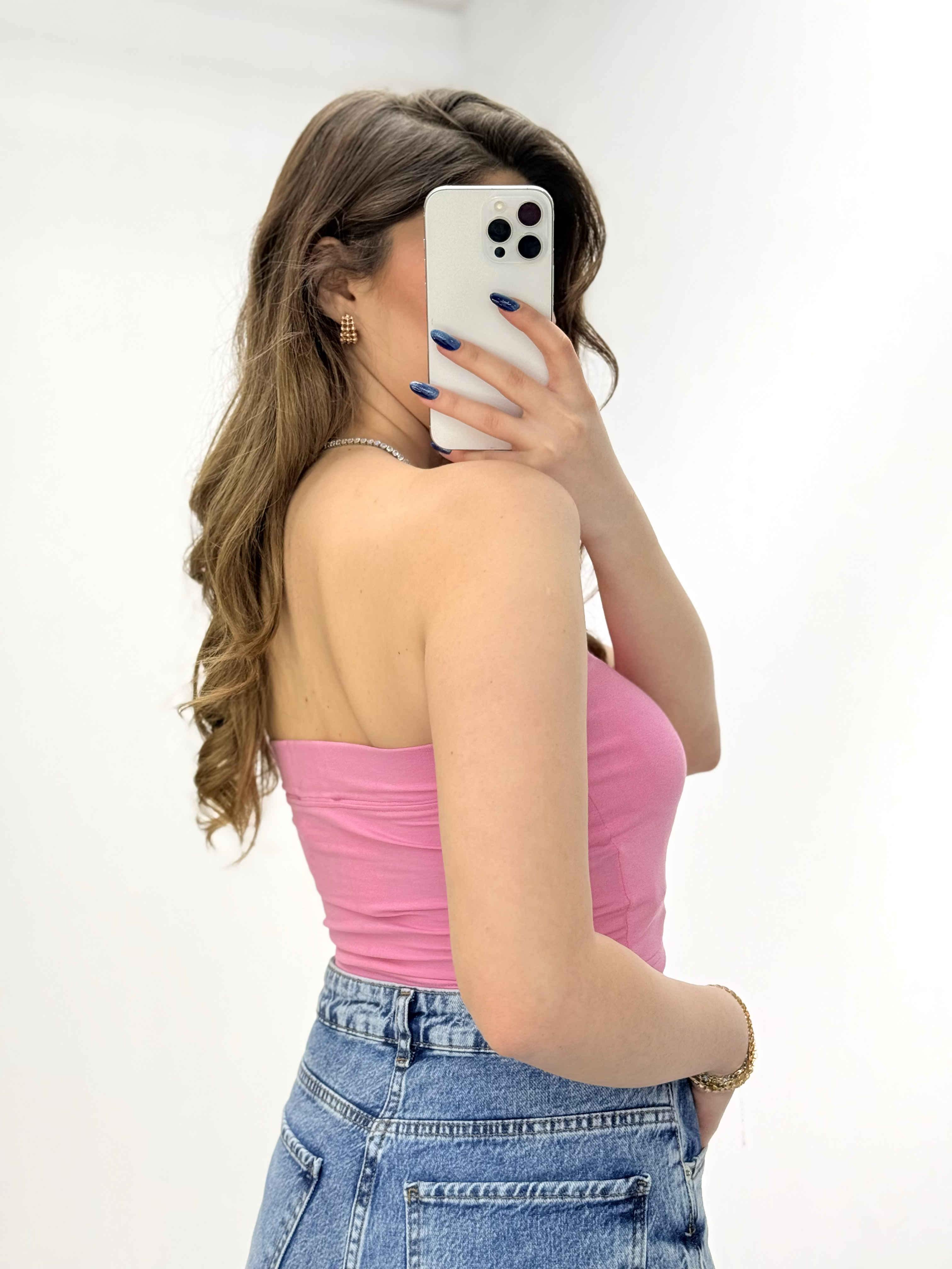 Göğüs Dolgulu Straplez Crop Pembe