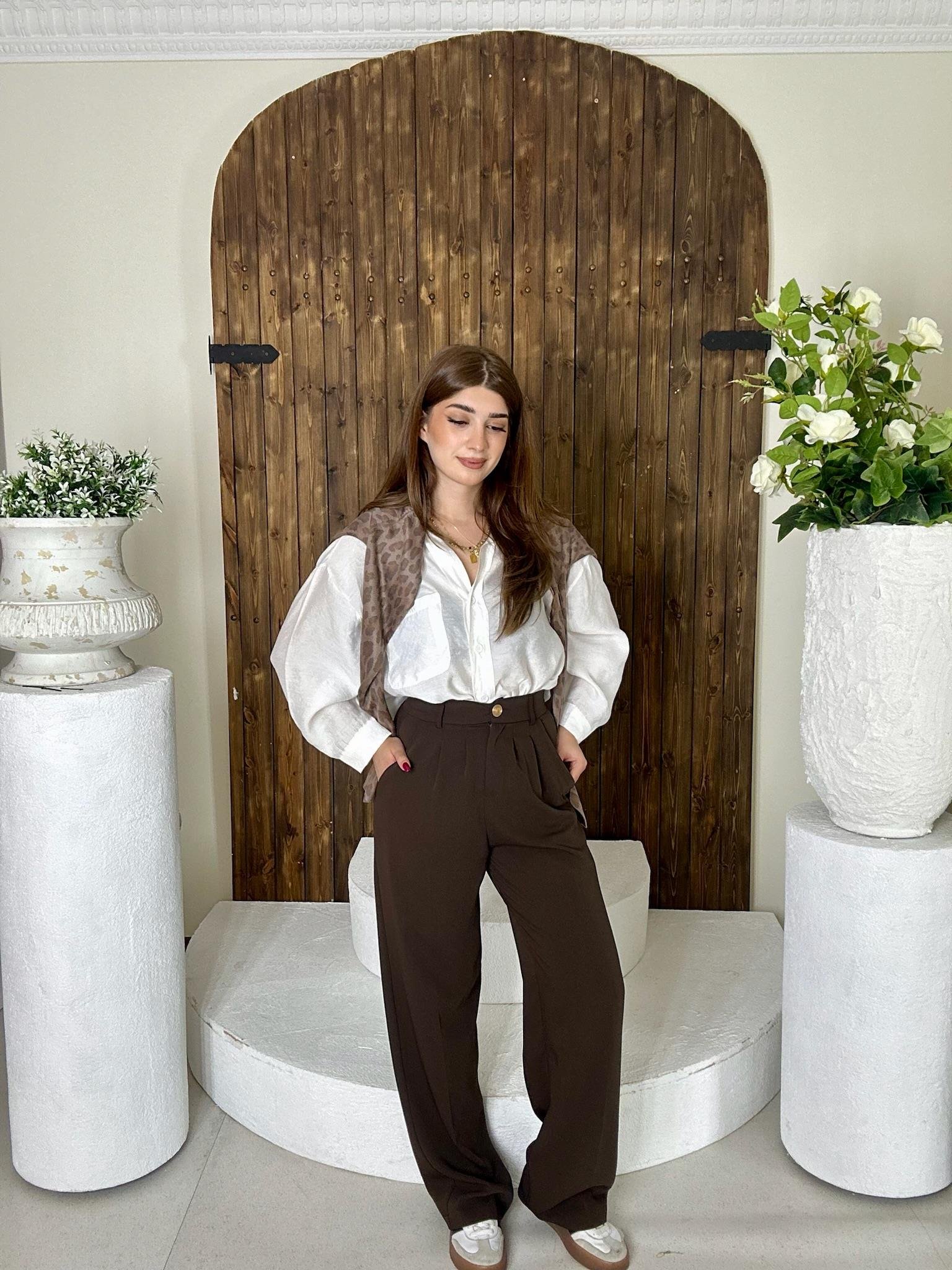 Gold Düğmeli Pileli Palazzo Acı Kahve