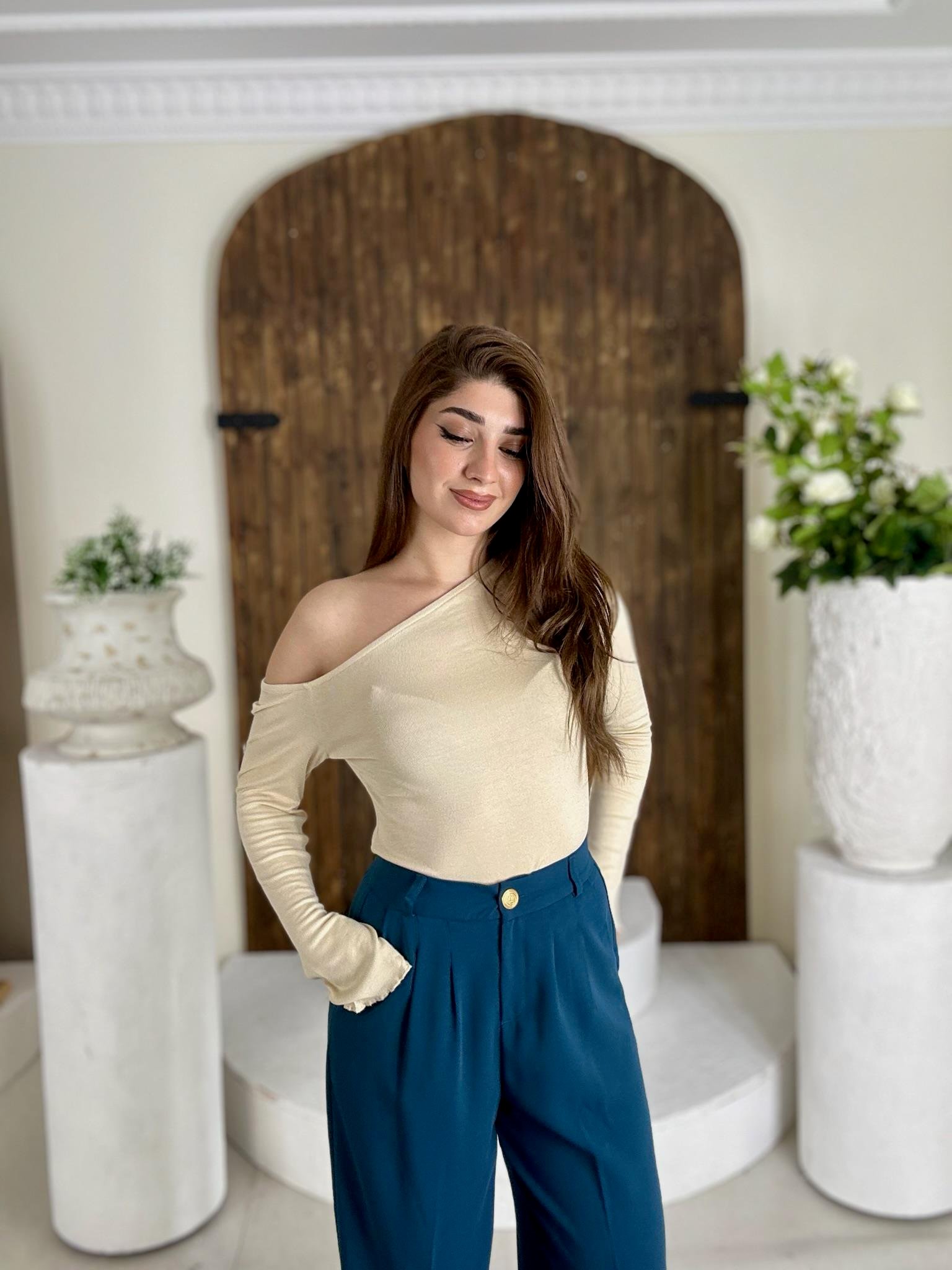 Gold Düğmeli Pileli Palazzo Petrol