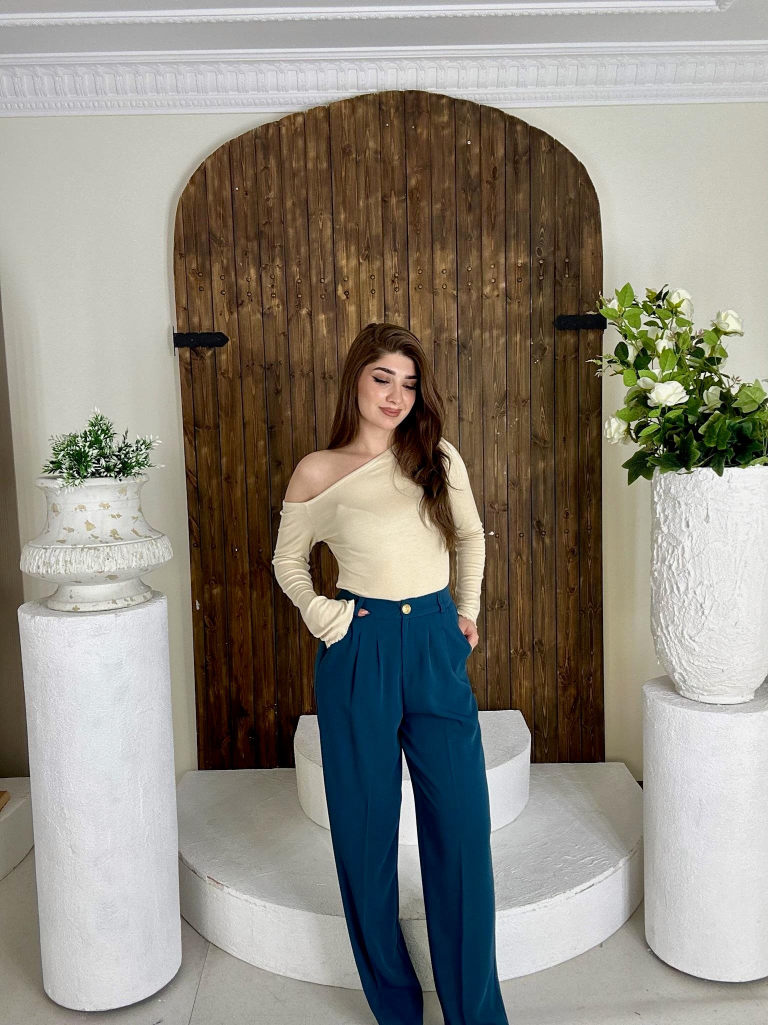 Gold Düğmeli Pileli Palazzo Petrol