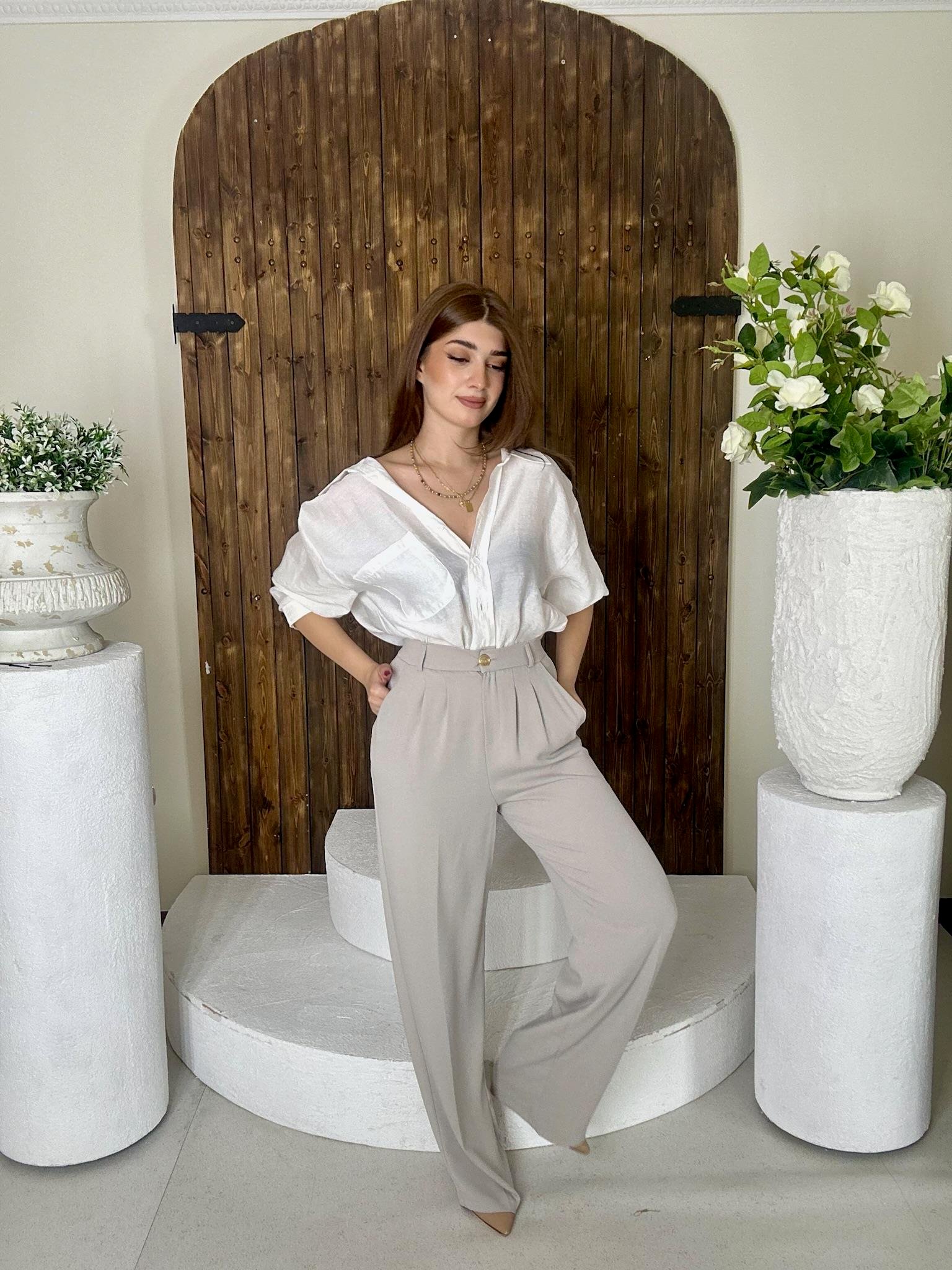 Gold Düğmeli Pileli Palazzo Taş