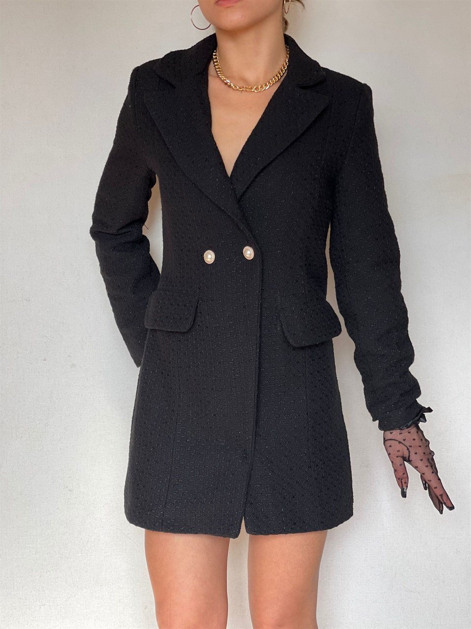 Gold Düğmeli Tuvit Kumaş Ceket  Elbise