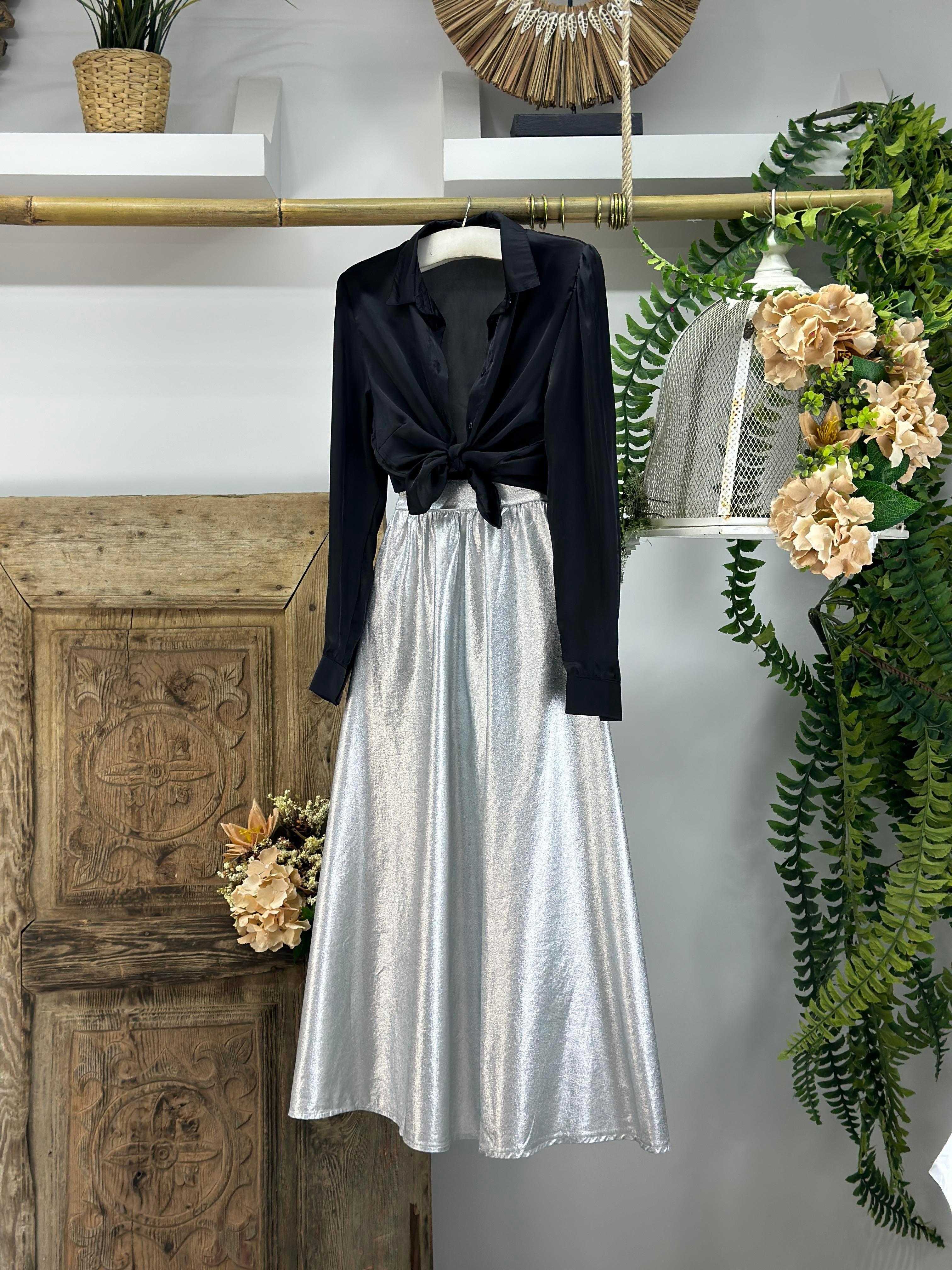 Gold Lame Kumaş Cepli Kloş Uzun Etek