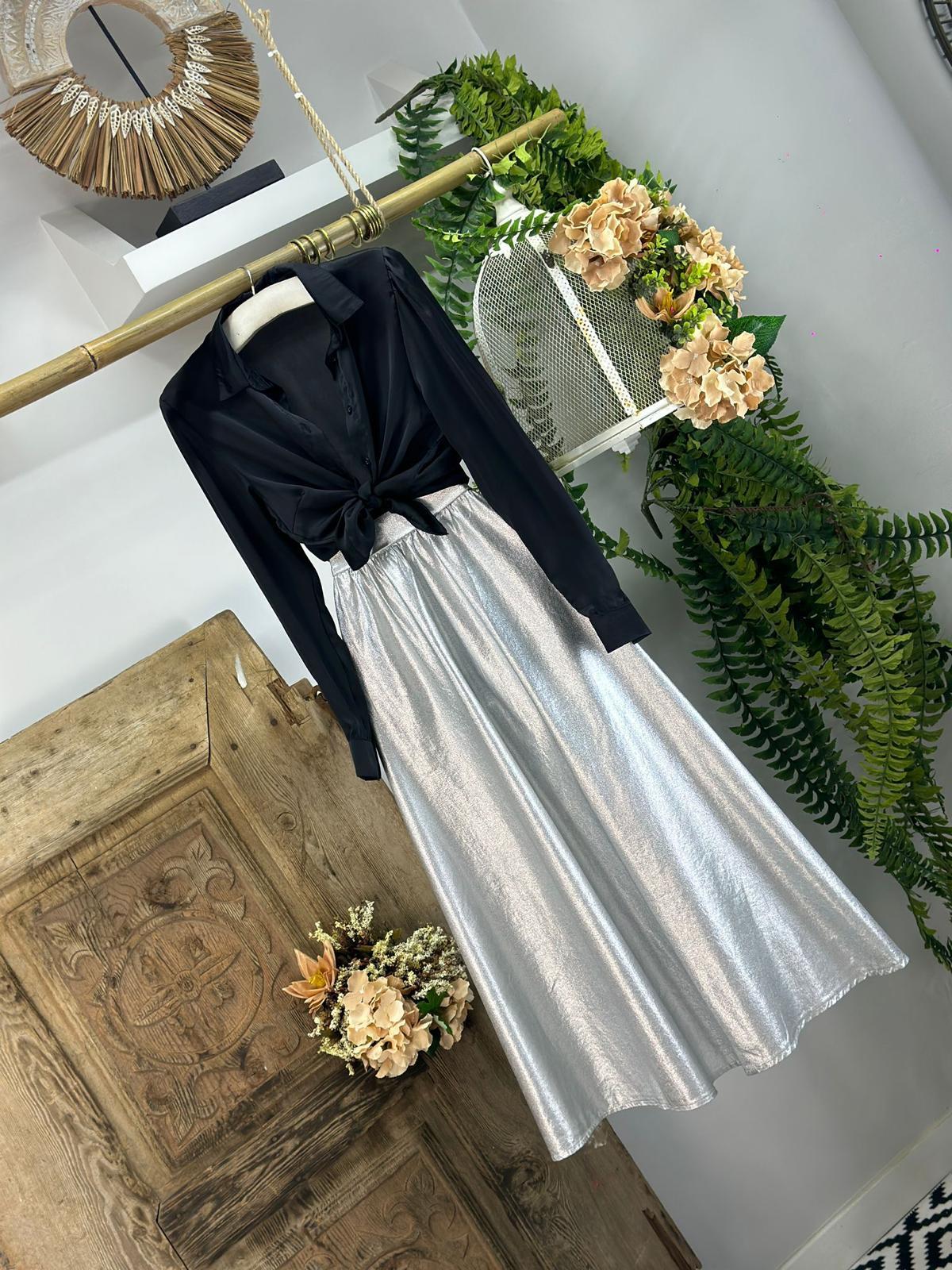 Gold Lame Kumaş Cepli Kloş Uzun Etek