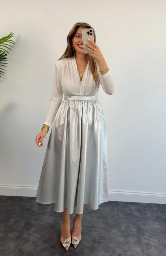 Gold Lame Kumaş Cepli Kloş Uzun Etek