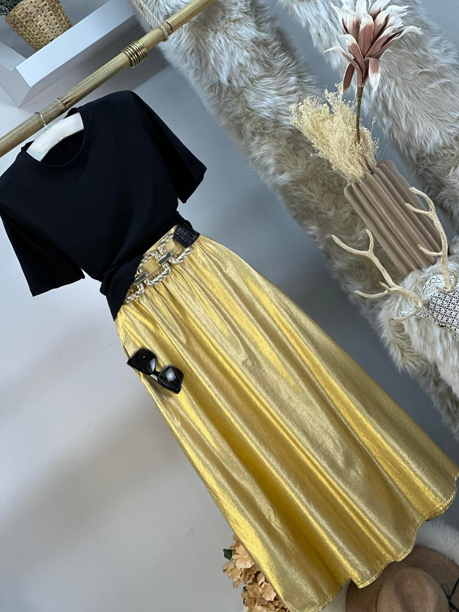 Gold Lame Kumaş Cepli Kloş Uzun Etek