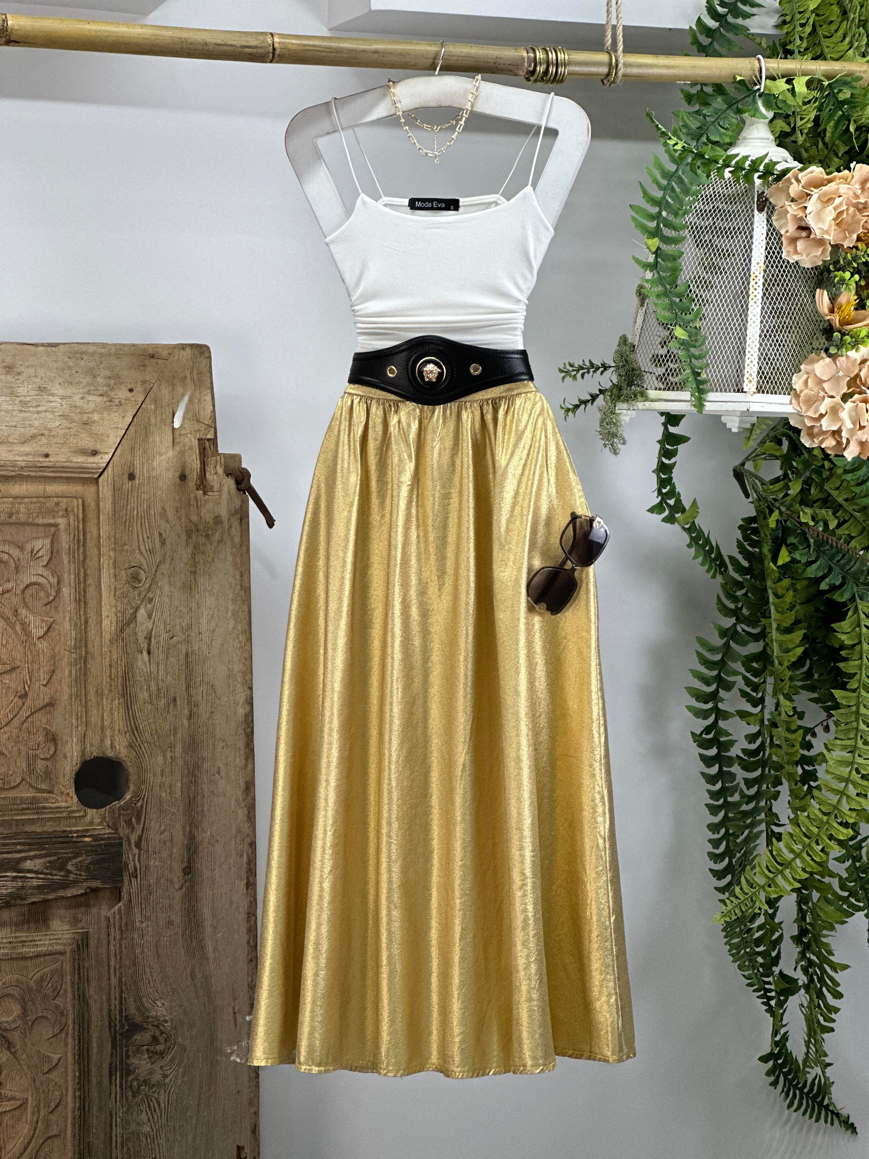 Gold Lame Kumaş Cepli Kloş Uzun Etek