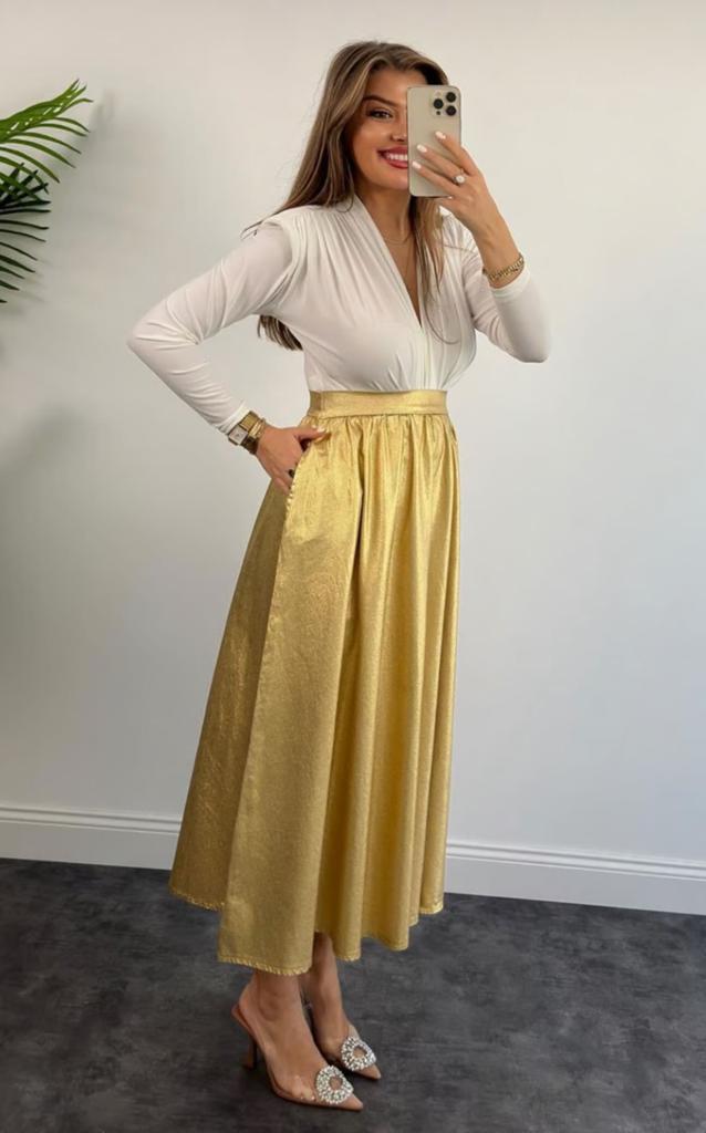 Gold Lame Kumaş Cepli Kloş Uzun Etek
