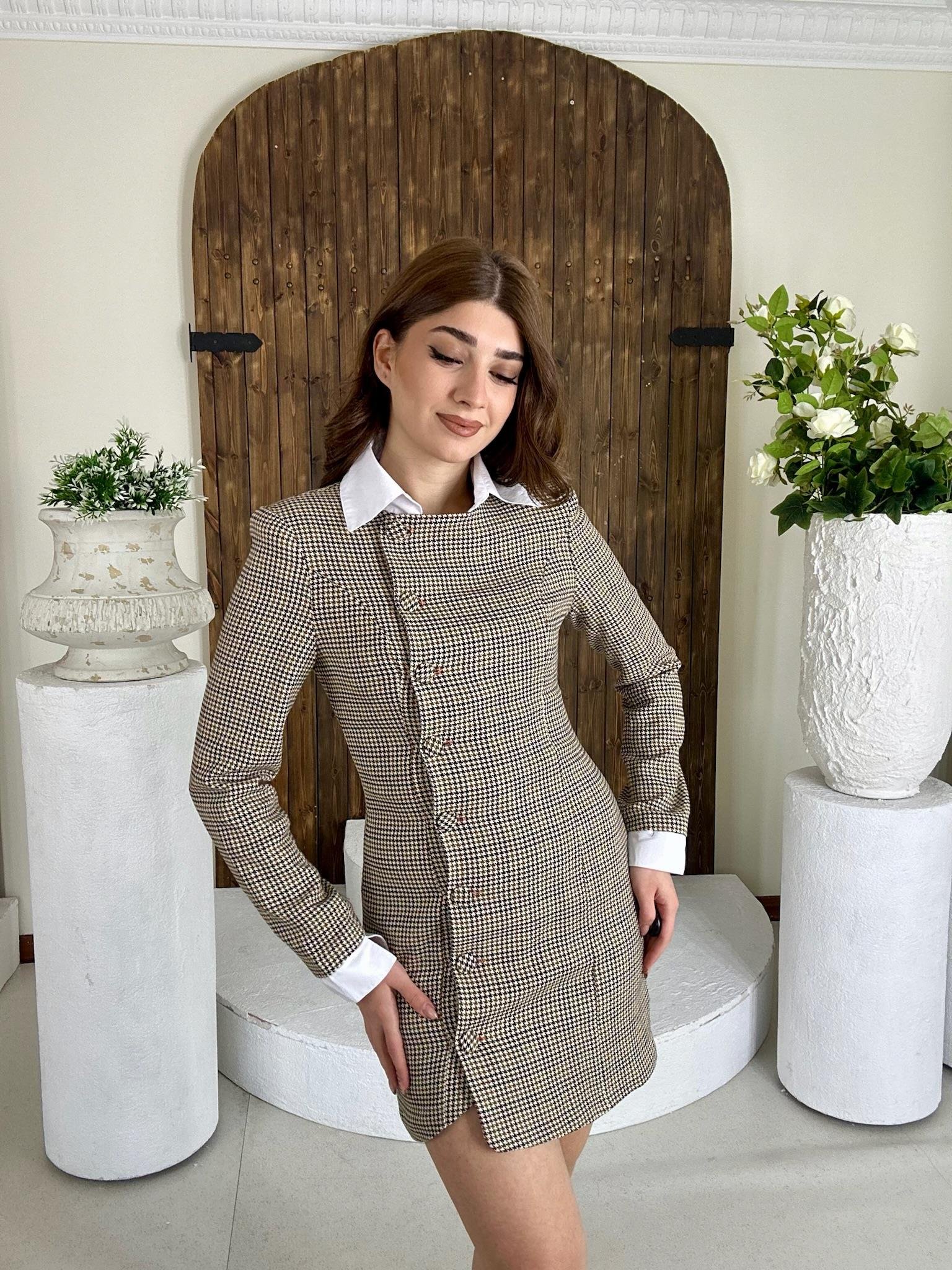 Gömlek Yaka Manşet Detay Asimetrik Düğmeli Ceket Elbise