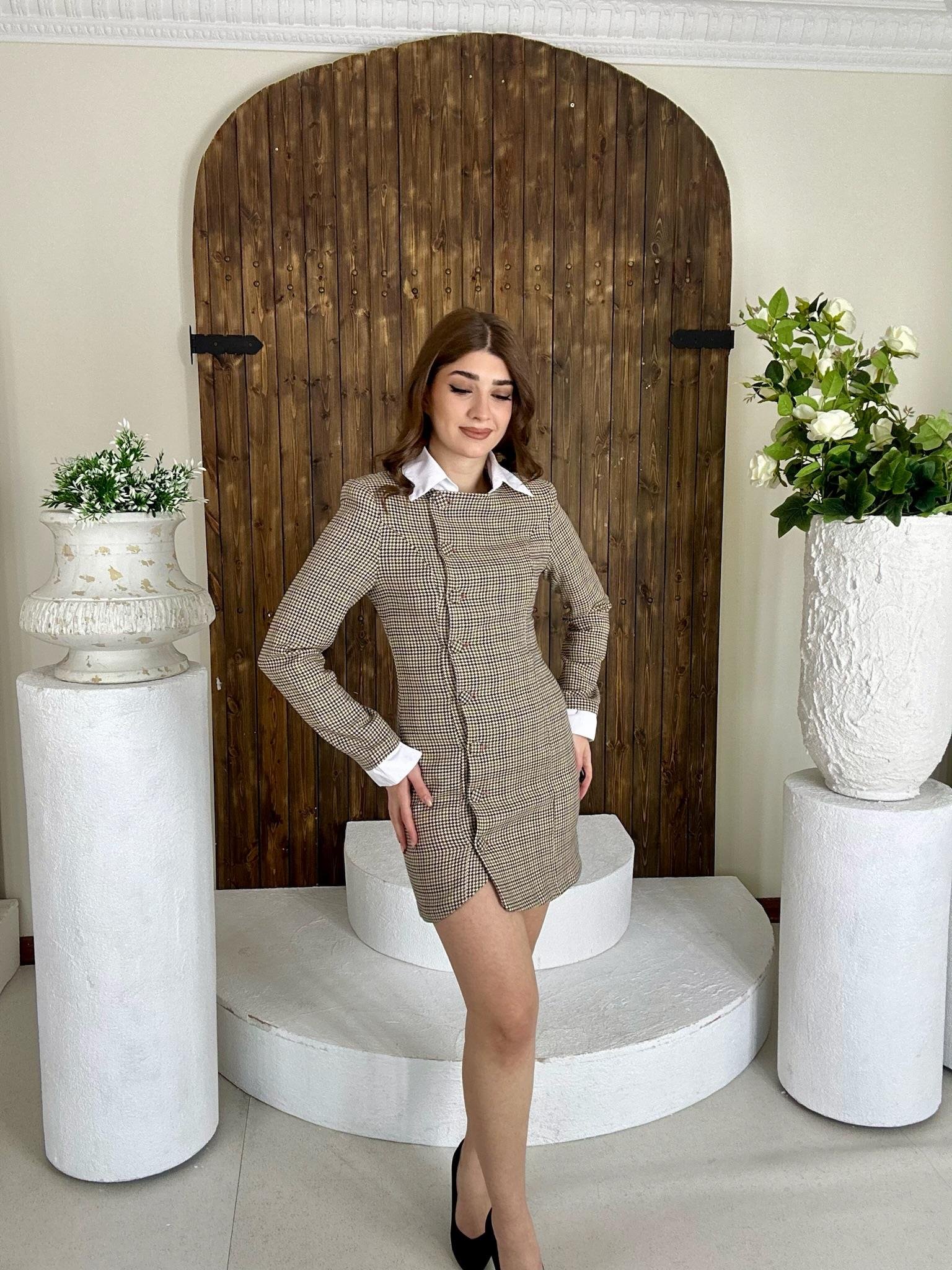 Gömlek Yaka Manşet Detay Asimetrik Düğmeli Ceket Elbise