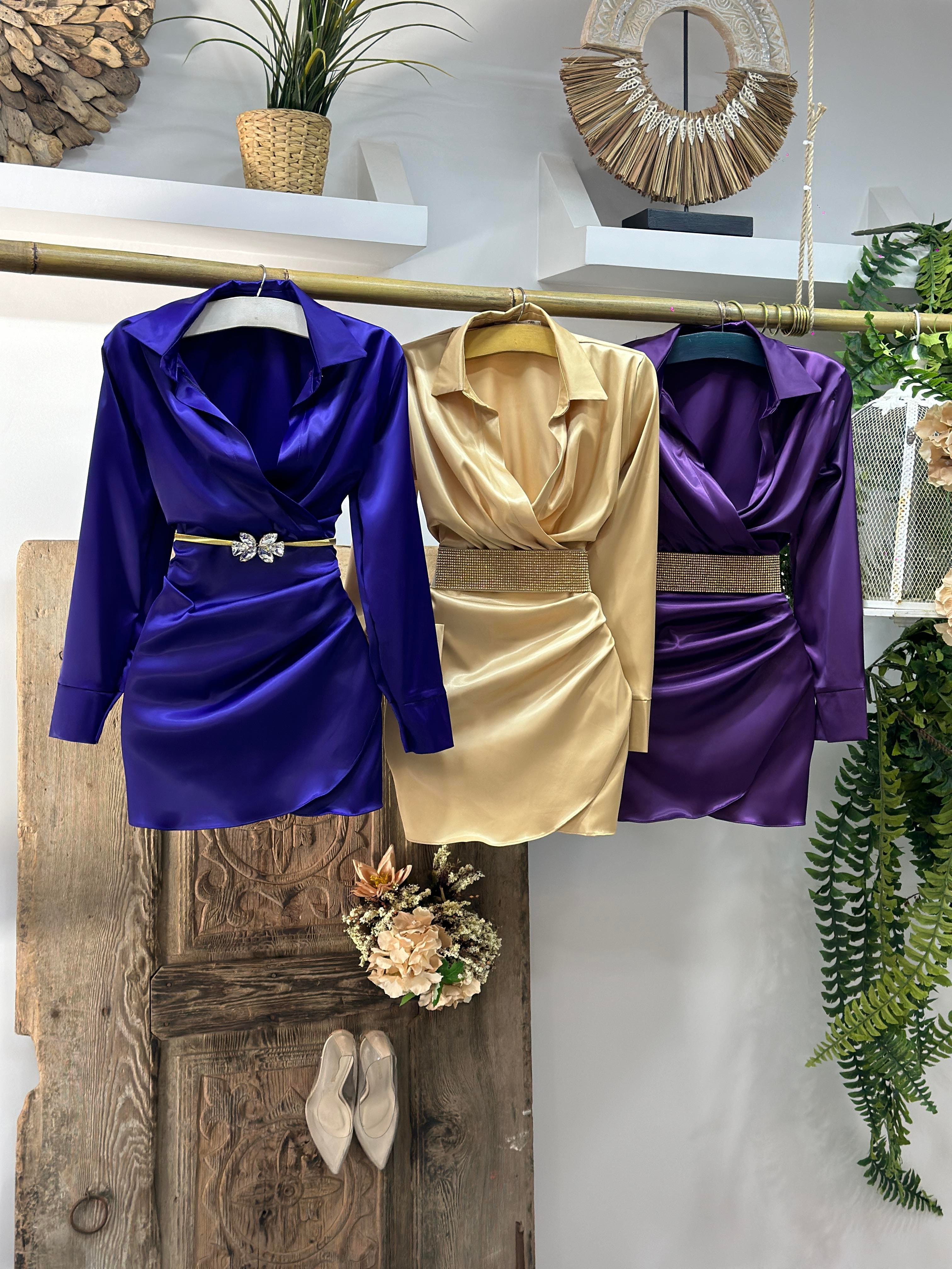 Gramajlı Saten Kumaş Drapeli Zarf Etekli Gömlek Yaka Elbisemiz