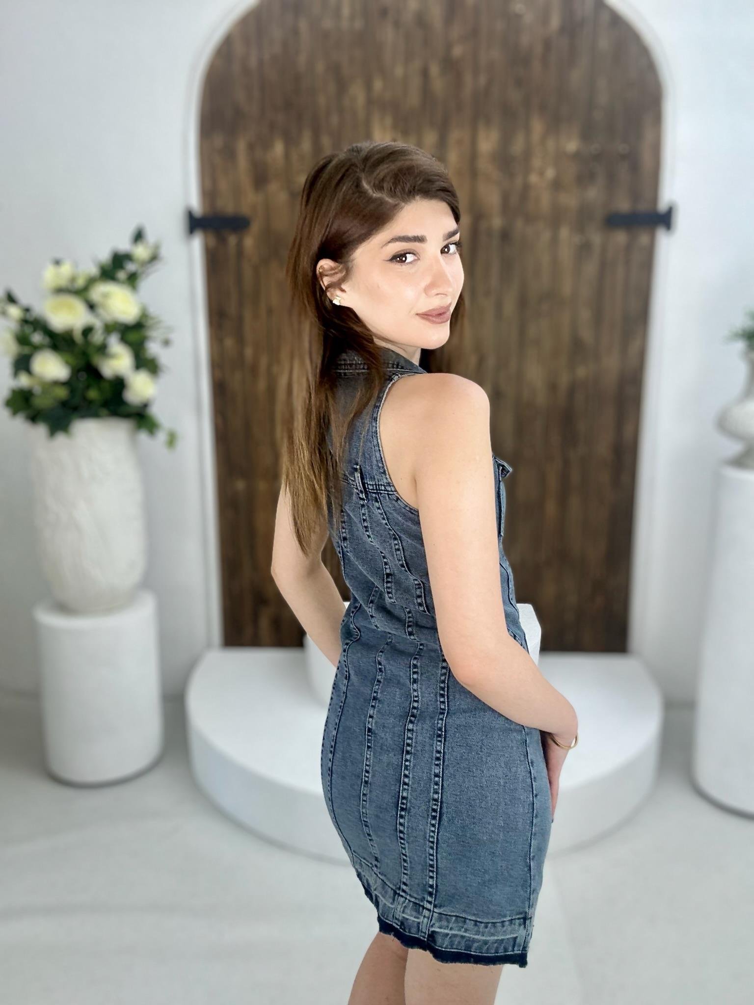 Gri Yıkamalı Jean Kumaş Boydan Fermuarlı Elbise