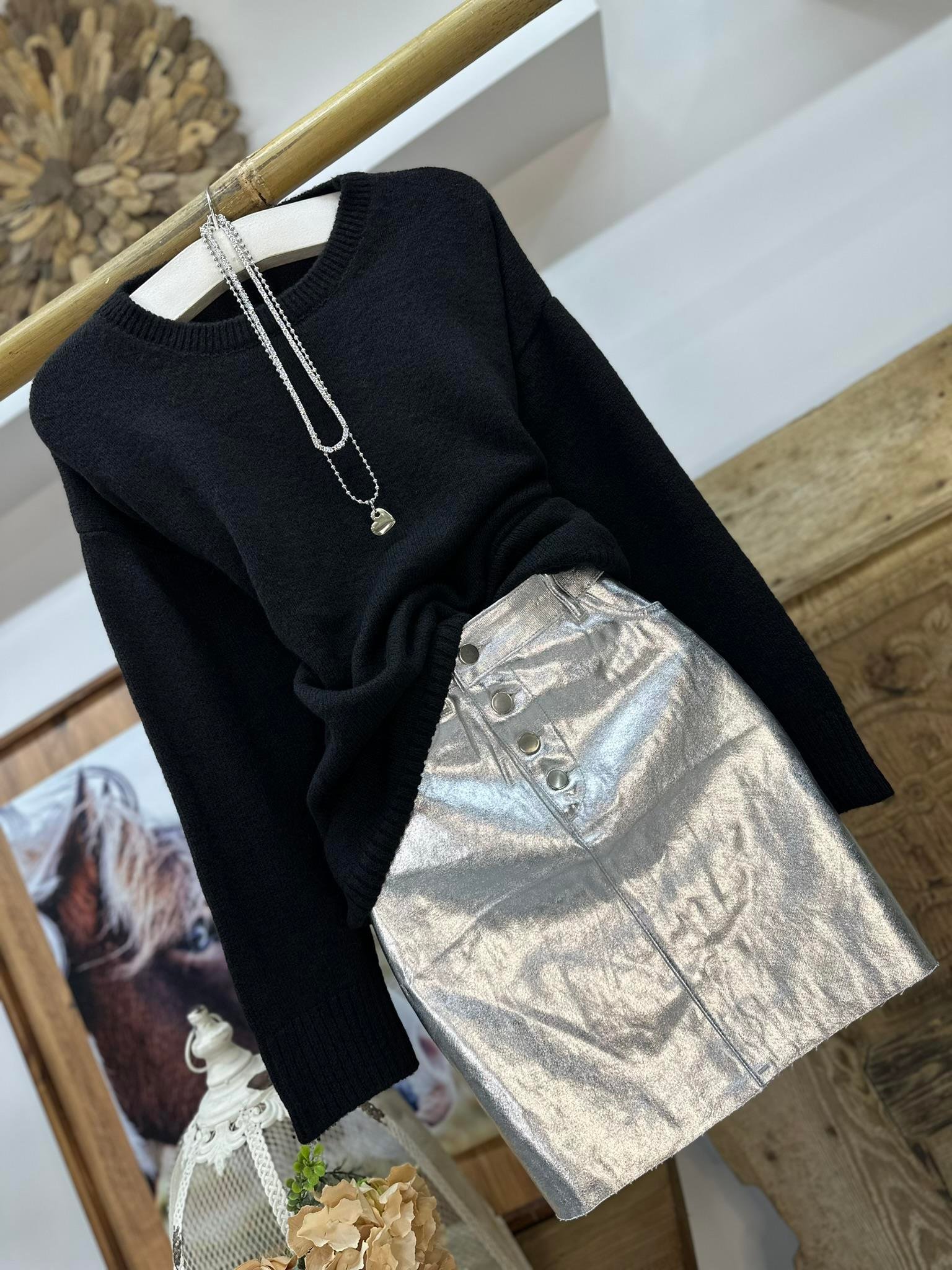 Gümüş Varaklı Metal Düğmeli Etek 