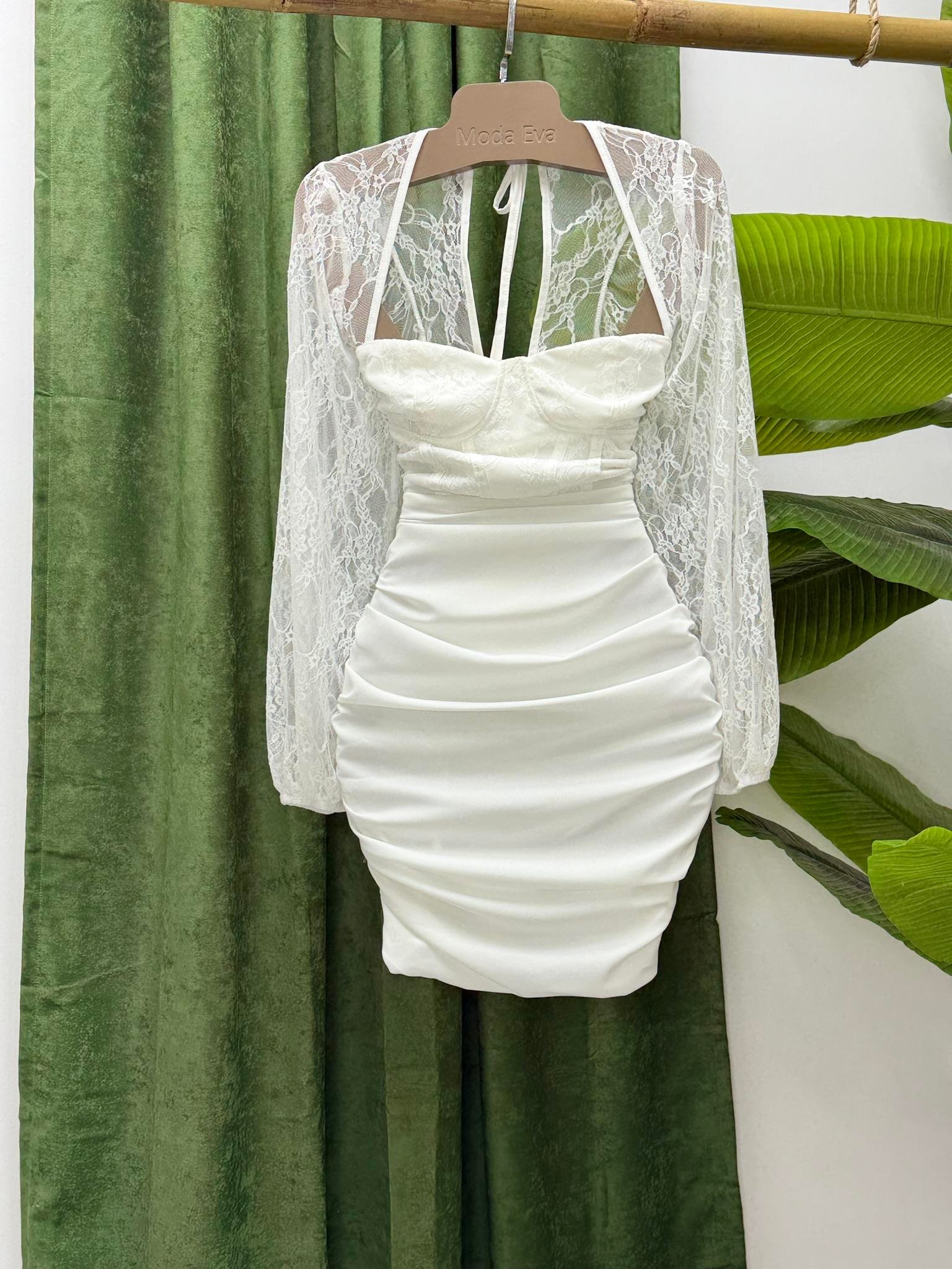 Güpür Detaylı Gloplu Drapeli Tasarım Elbise Beyaz