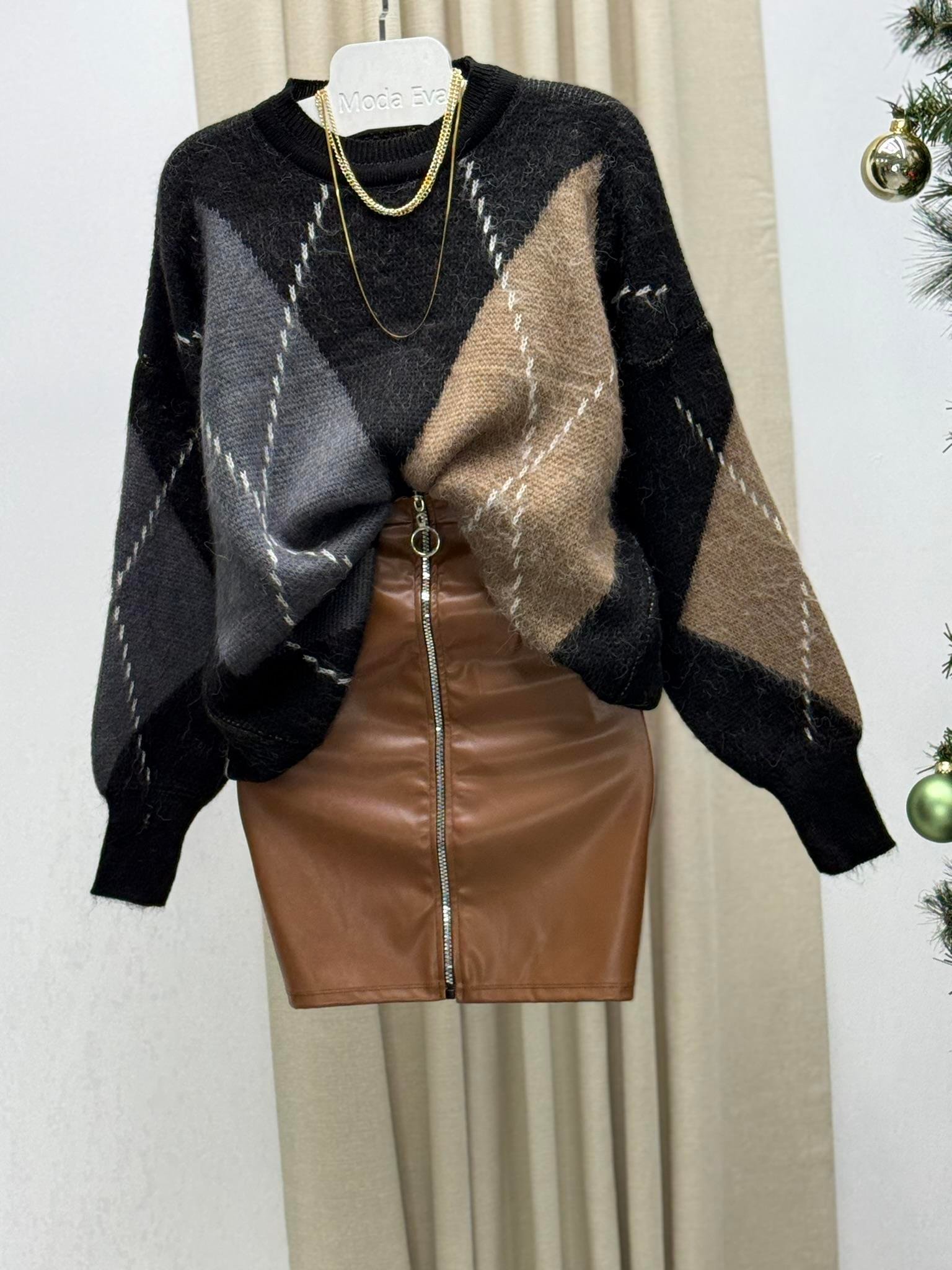 Halka Fermuarlı Full Likralı Pu Kahverengi Deri Etek