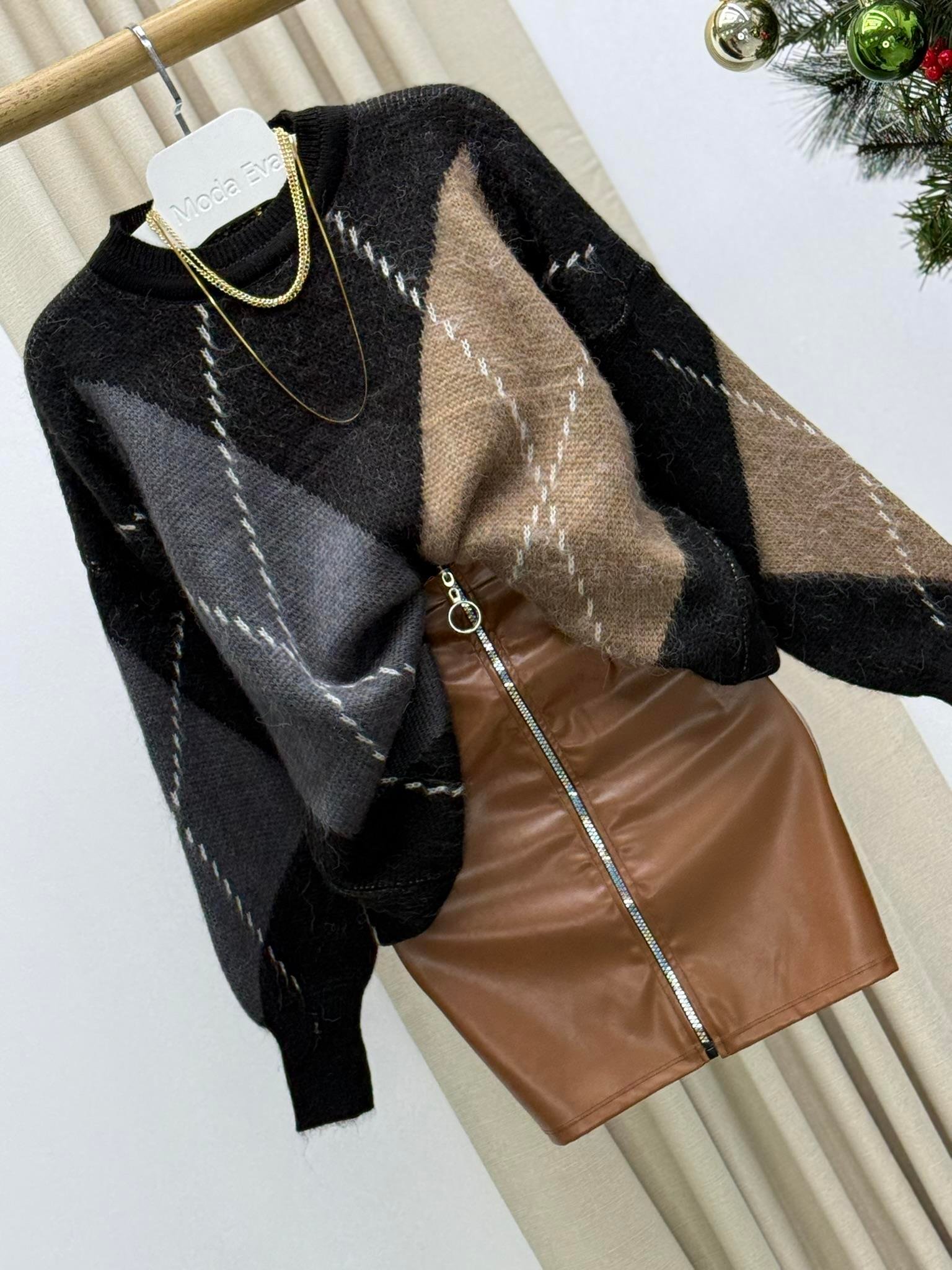 Halka Fermuarlı Full Likralı Pu Kahverengi Deri Etek