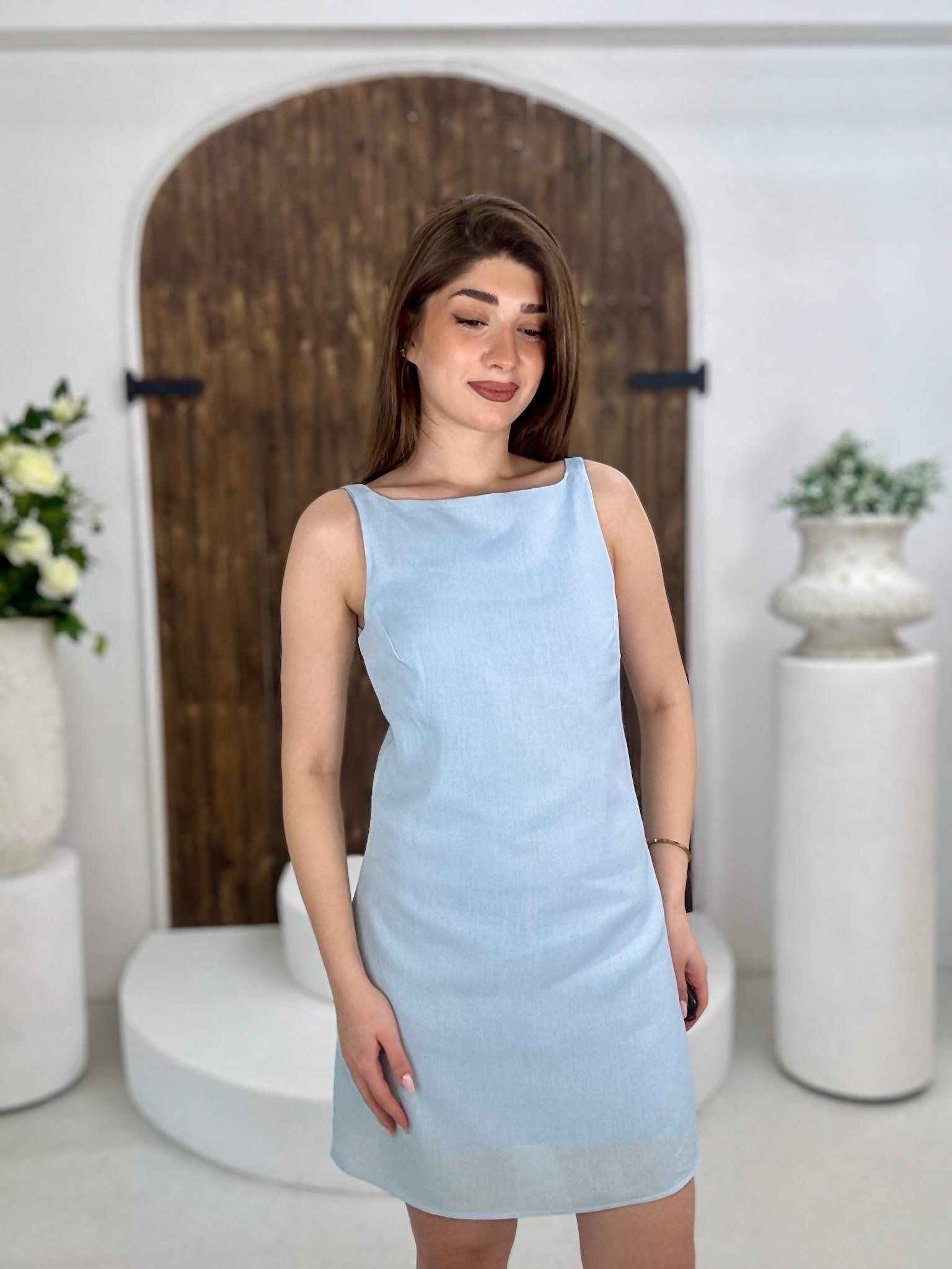 Ham Keten Kumaş Basic Elbise Bebe Mavisi