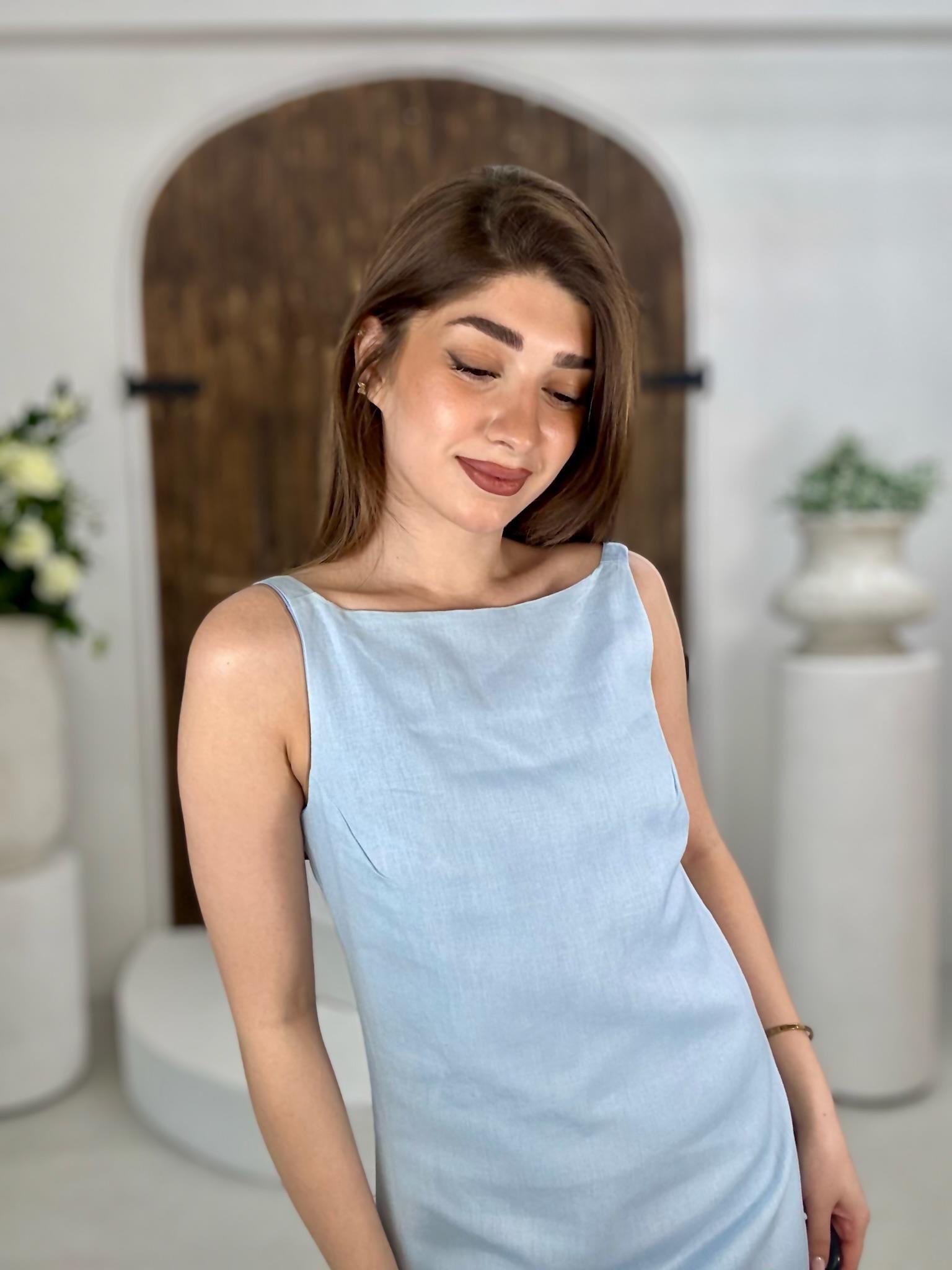 Ham Keten Kumaş Basic Elbise Bebe Mavisi