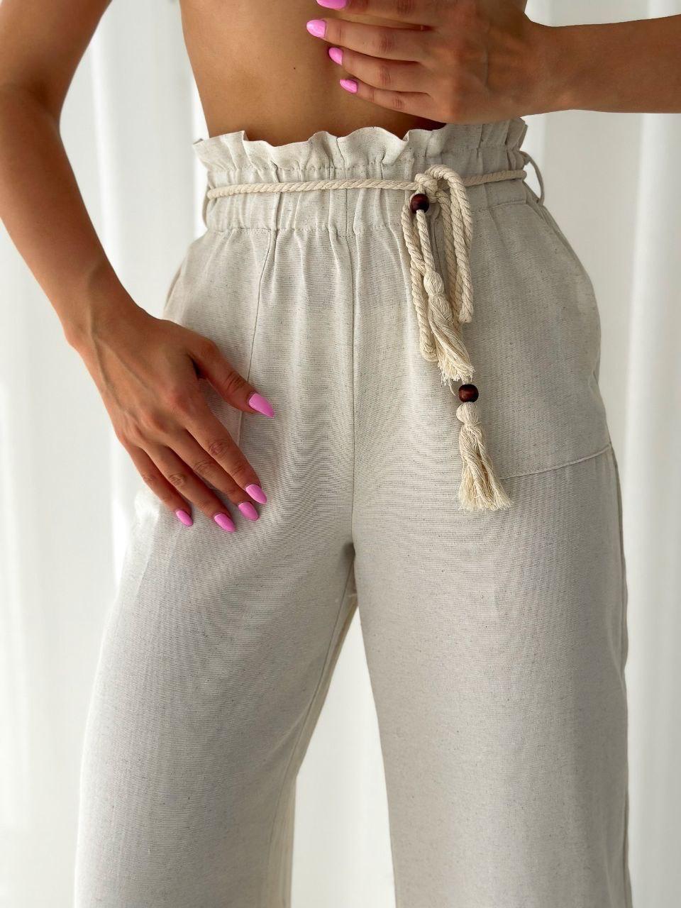 Ham Keten Kumaş Beli Lastikli İp Kemerli Salaş Pantolon 