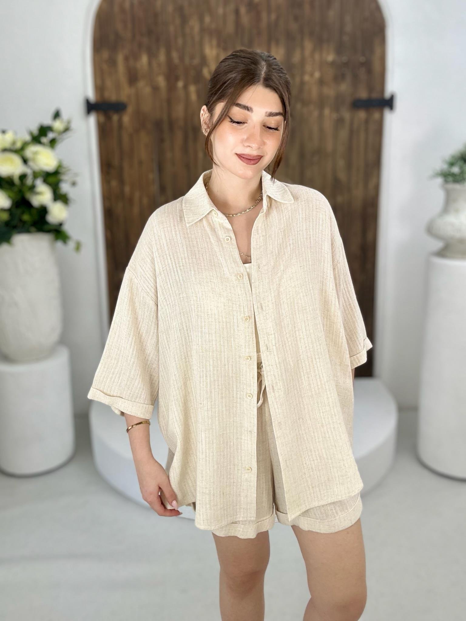 Ham Keten Kumaş Gömlek Şort İkili Takım