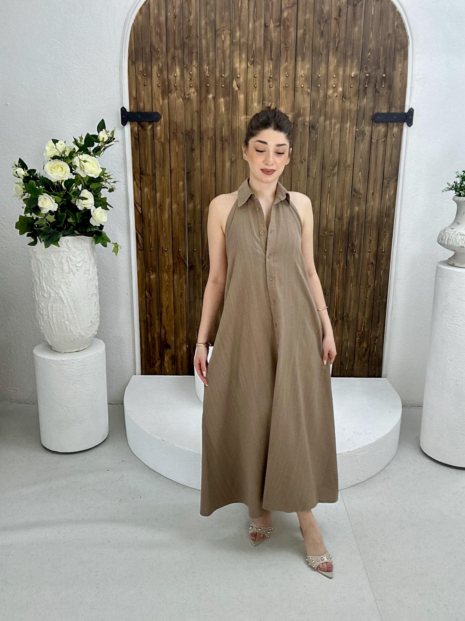 Ham Keten Kumaş Sırt Detay Uzun Gömlek Elbise Kahverengi