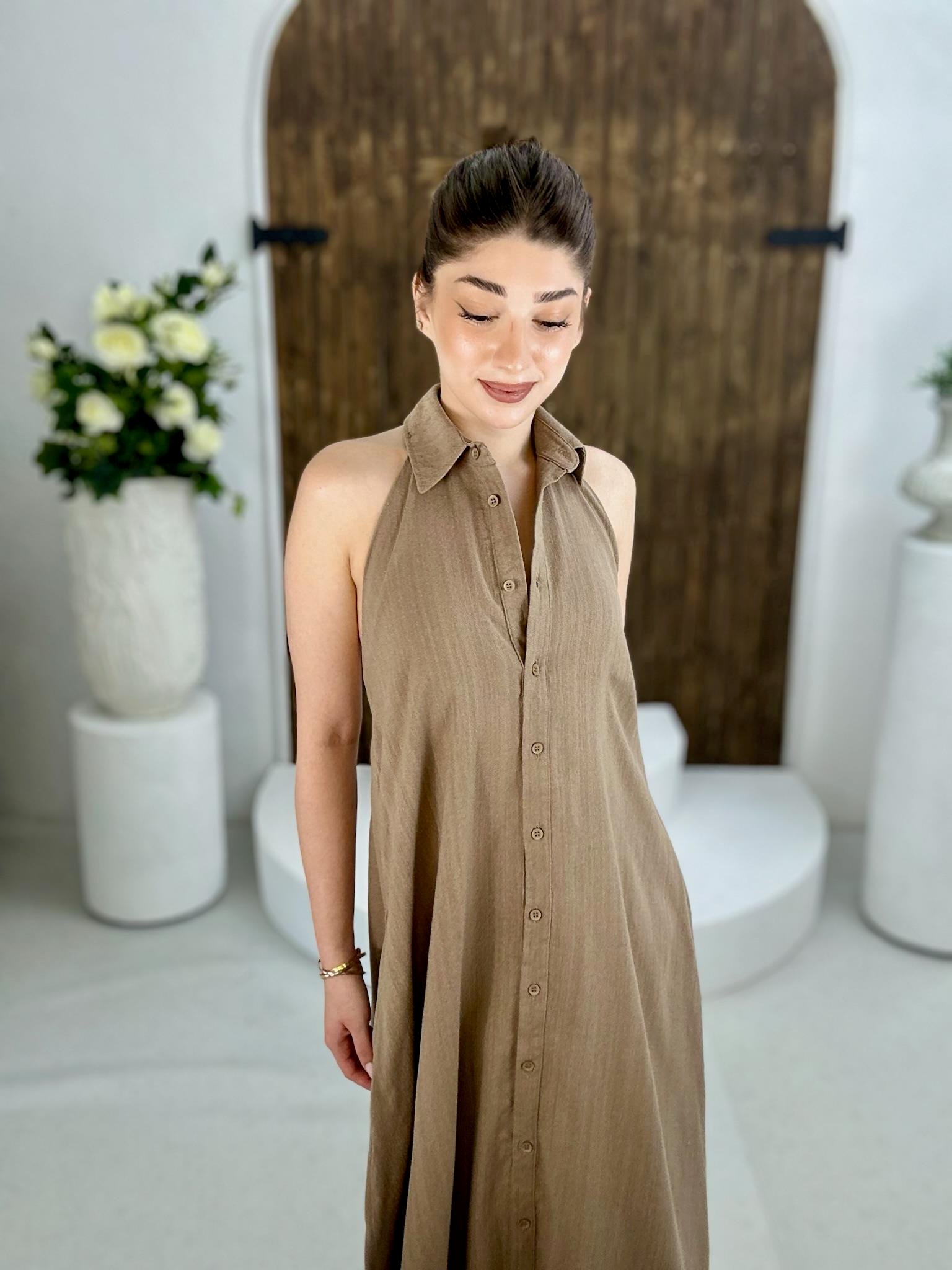 Ham Keten Kumaş Sırt Detay Uzun Gömlek Elbise Kahverengi