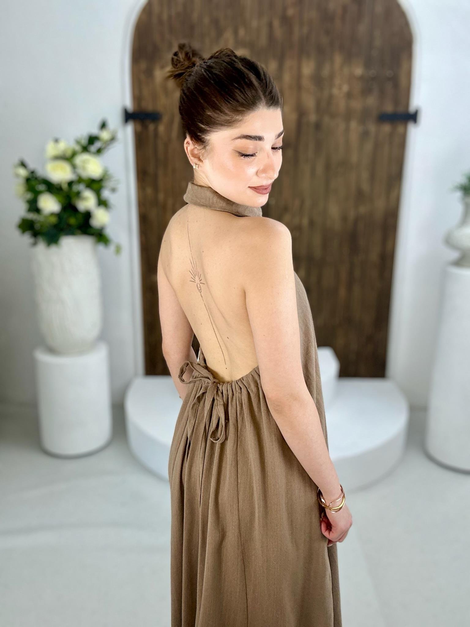 Ham Keten Kumaş Sırt Detay Uzun Gömlek Elbise Kahverengi