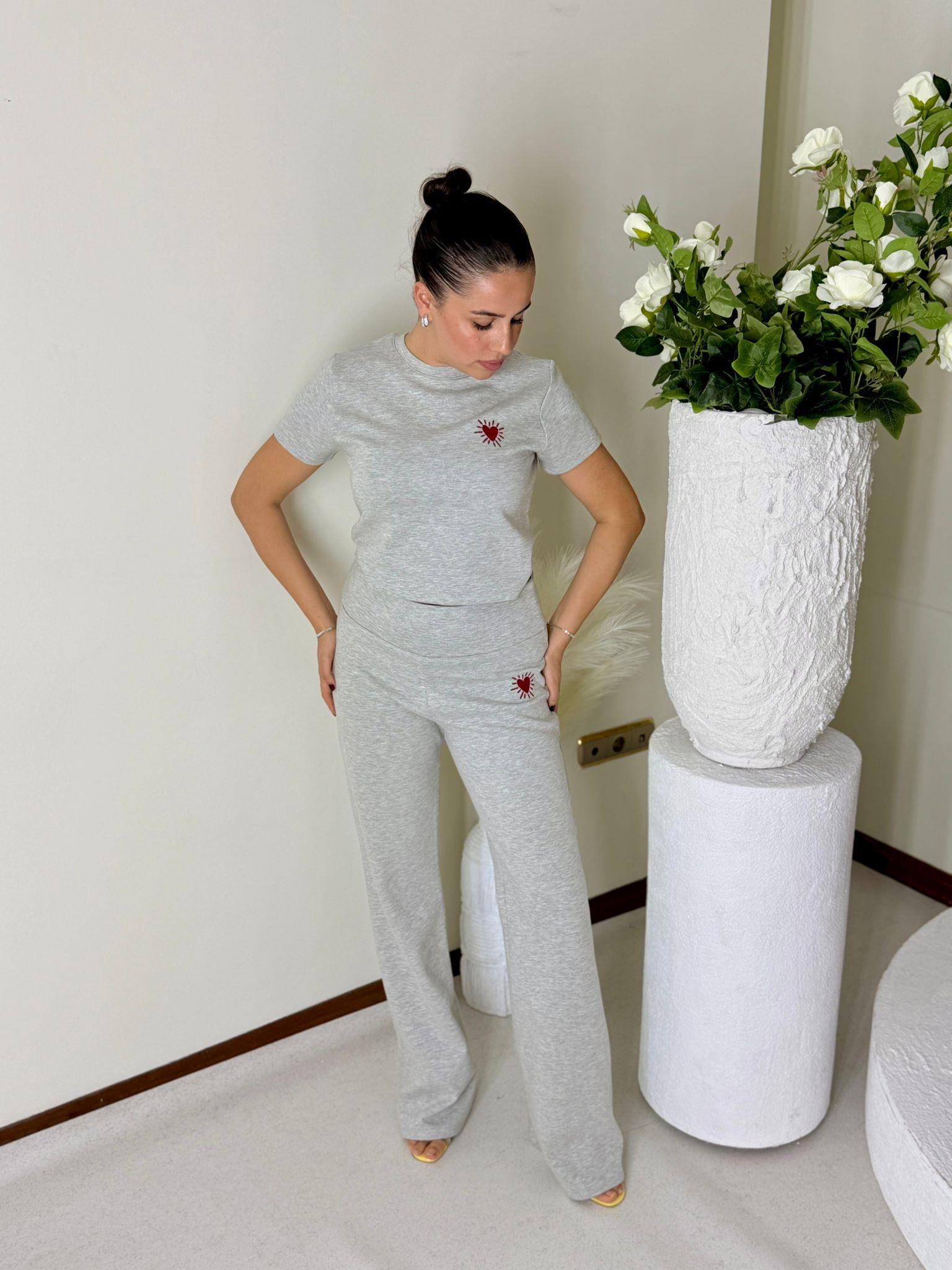 İki İplik Penye Kumaş Nakış Detaylı Premium Takım Gri