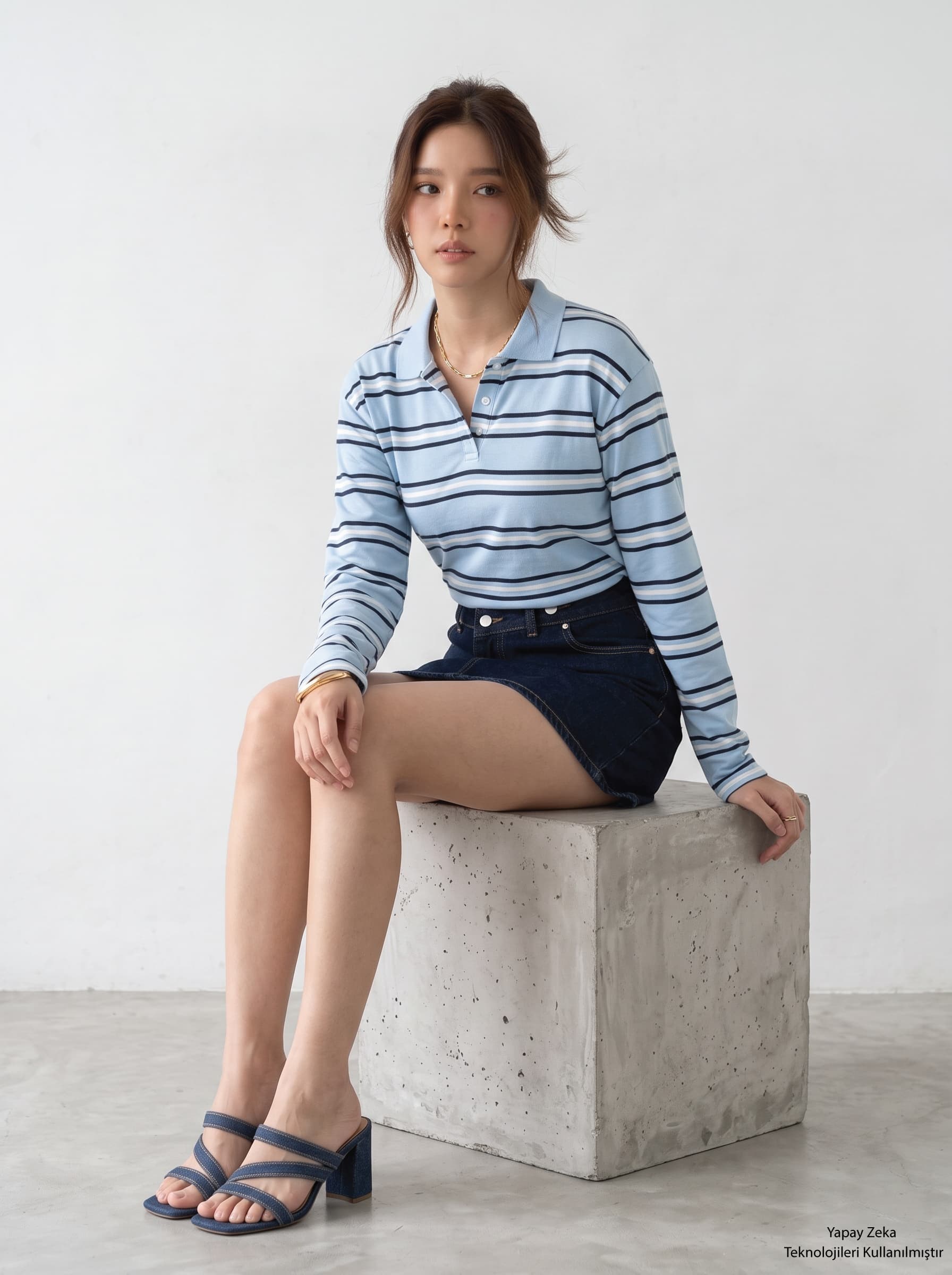 İki İplik Polo Yaka Çizgili Sweatshirt Bebe Mavisi