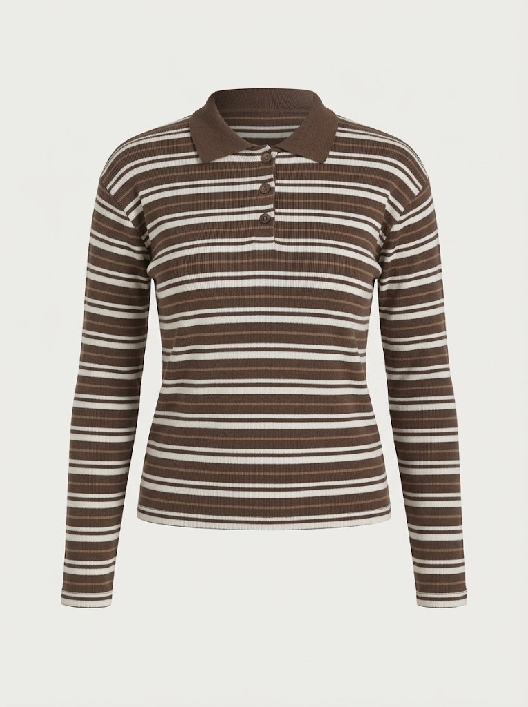 İki İplik Polo Yaka Çizgili Sweatshirt Kahverengi