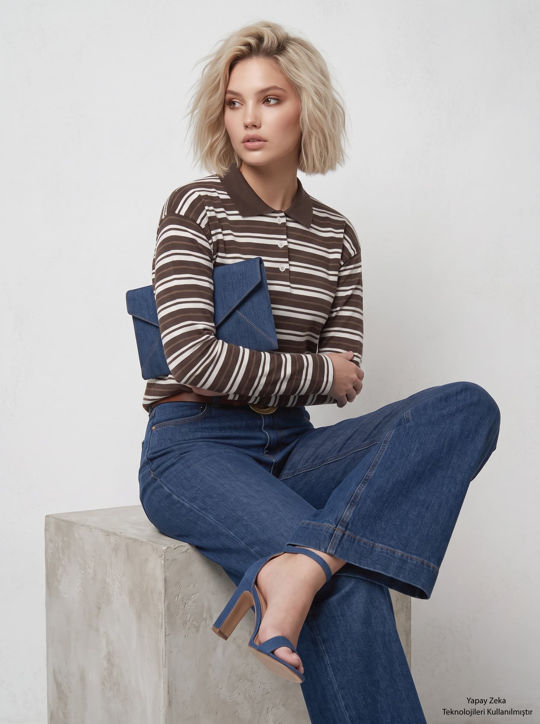 İki İplik Polo Yaka Çizgili Sweatshirt Kahverengi