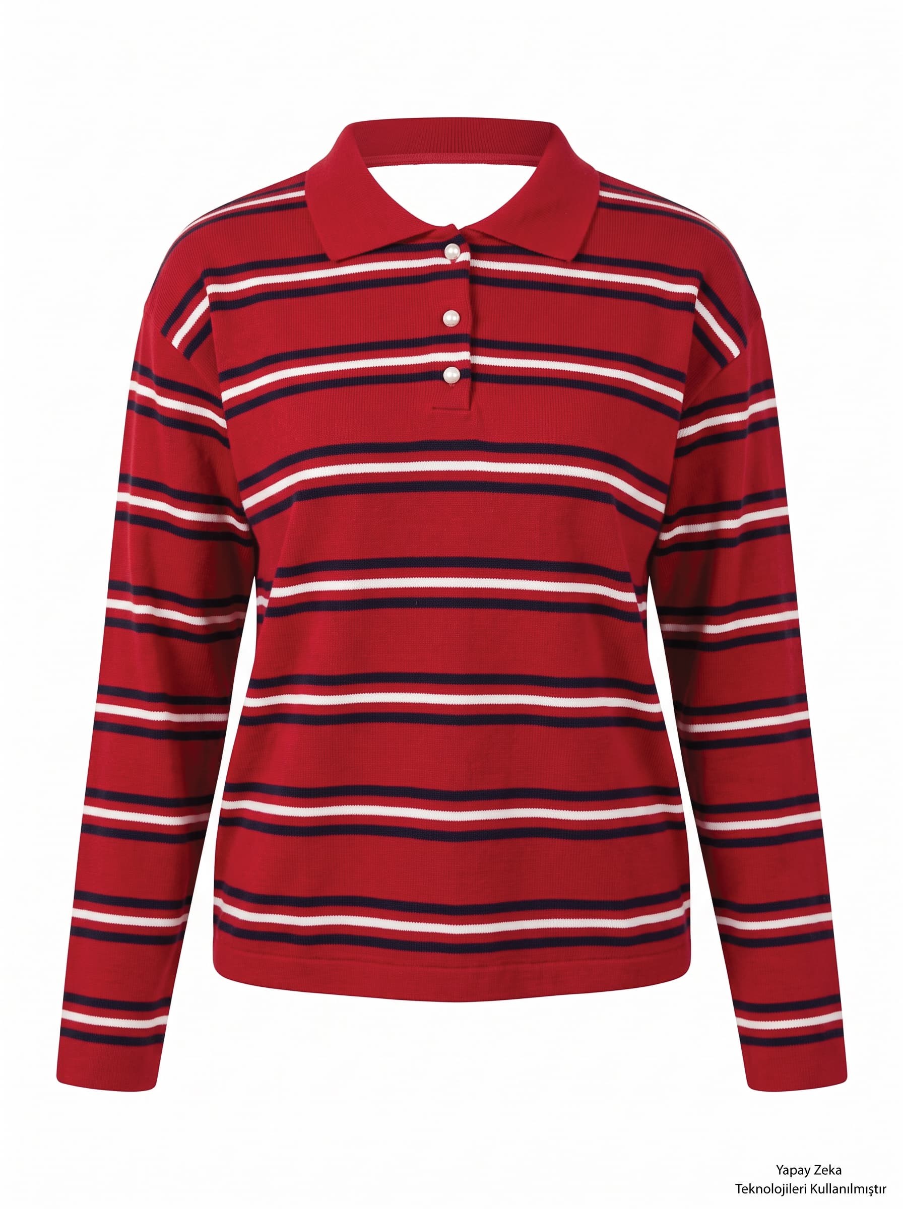 İki İplik Polo Yaka Çizgili Sweatshirt Kırmızı
