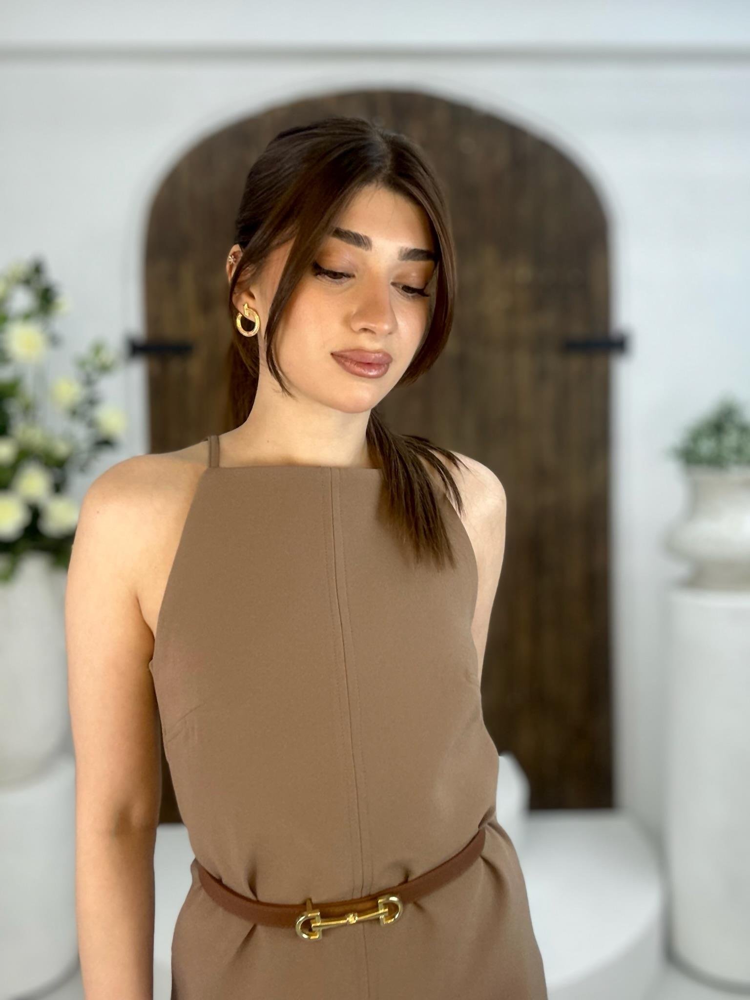 İnce Askılı Rahat Kalıp Mini Elbise Kemer Dahil Değildir Taba